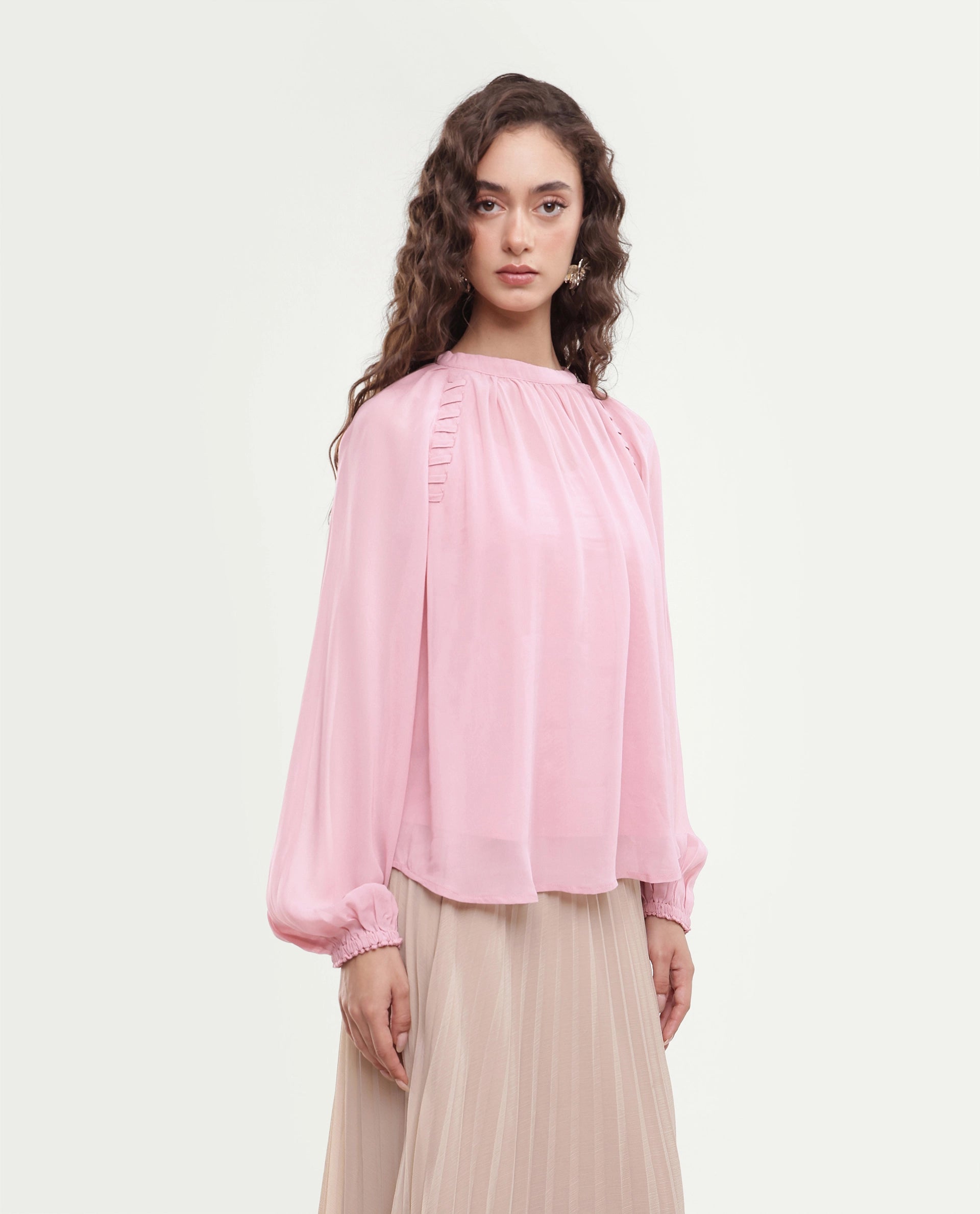Rareism Women's Rumor Pastel Pink Viscose Fabric Band Collar Oversized Plain Top