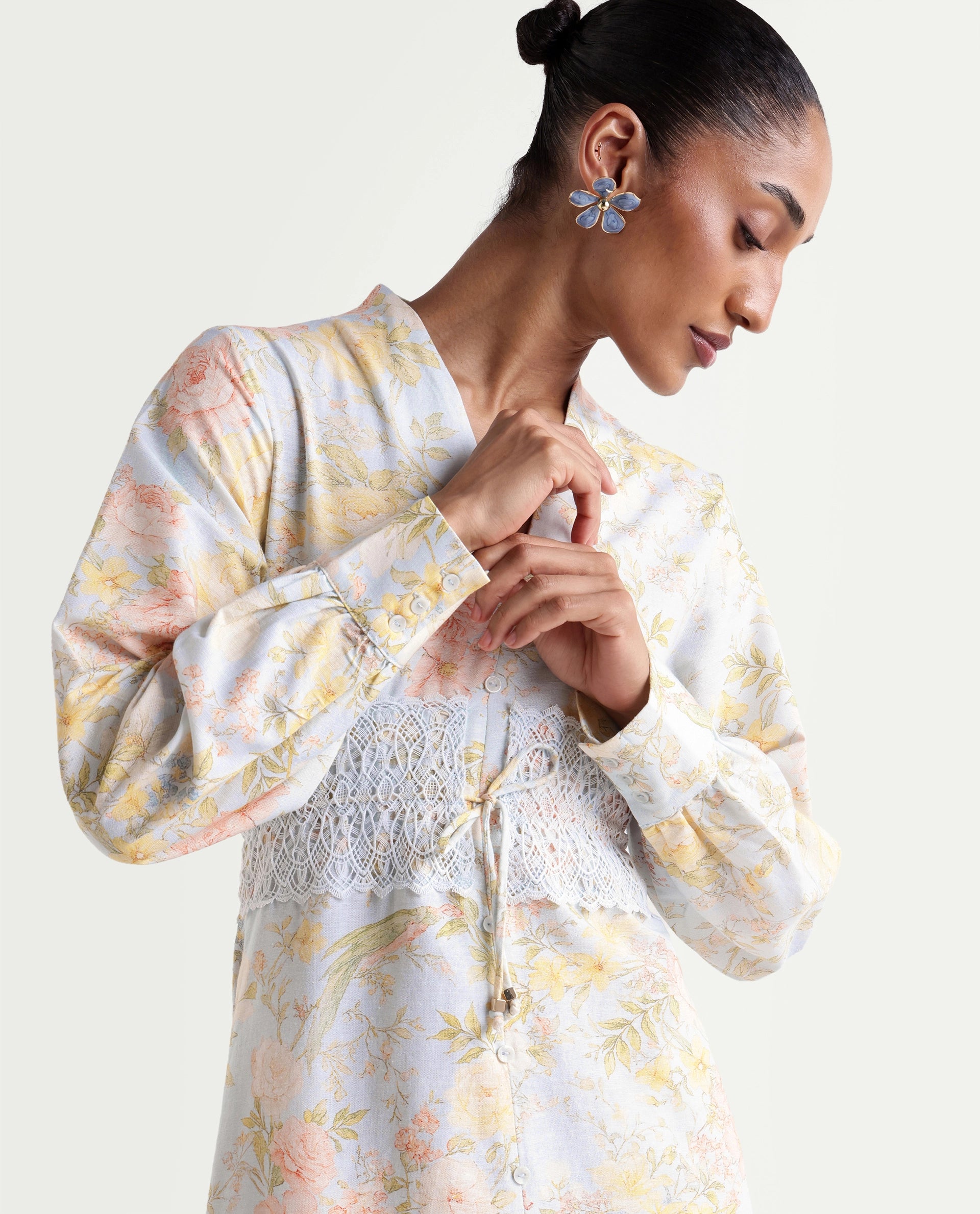 Rareism Women's Rurin Pastel Blue Viscose Blend Built-Up A-Line Floral Print Dress