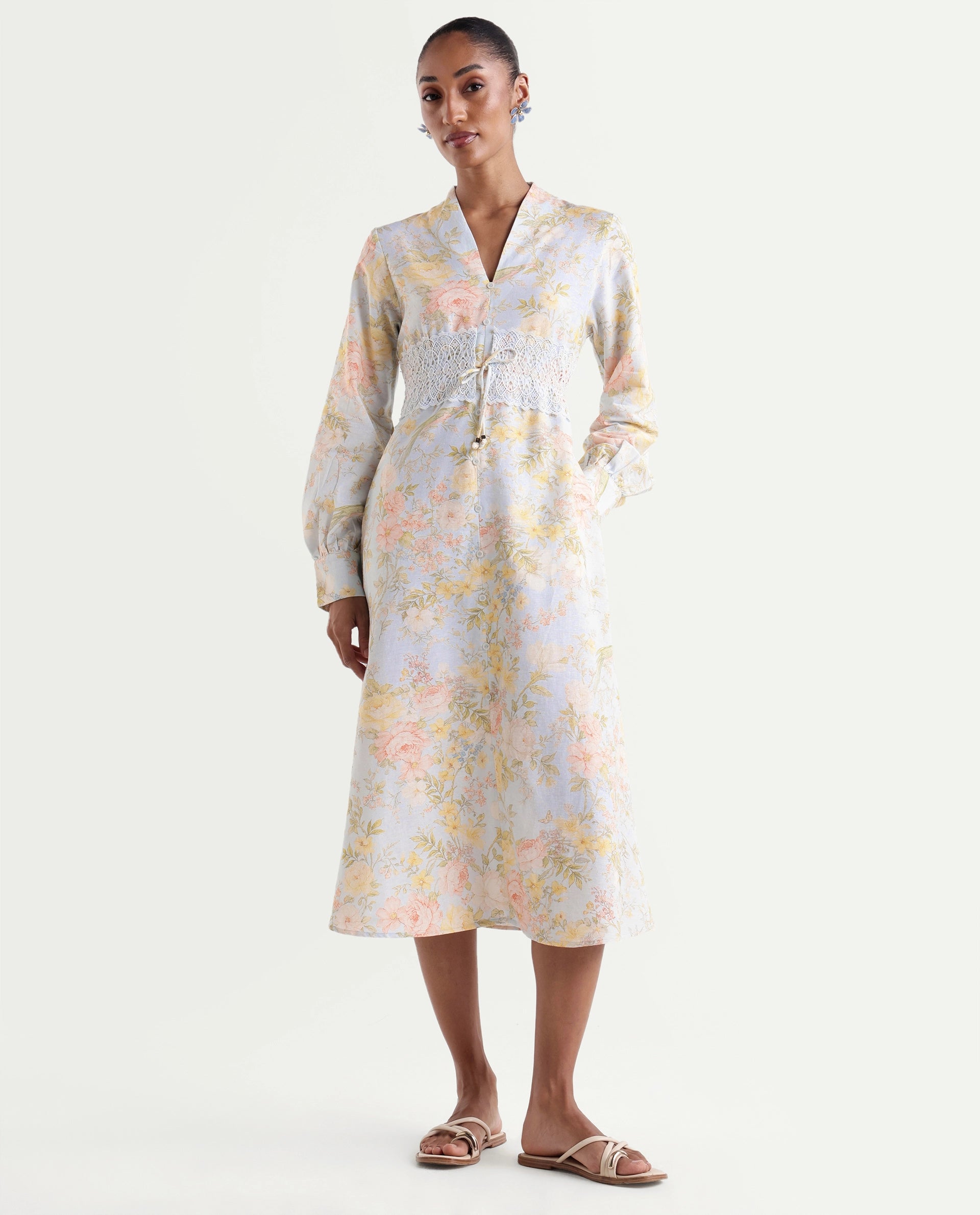 Rareism Women's Rurin Pastel Blue Viscose Blend Built-Up A-Line Floral Print Dress
