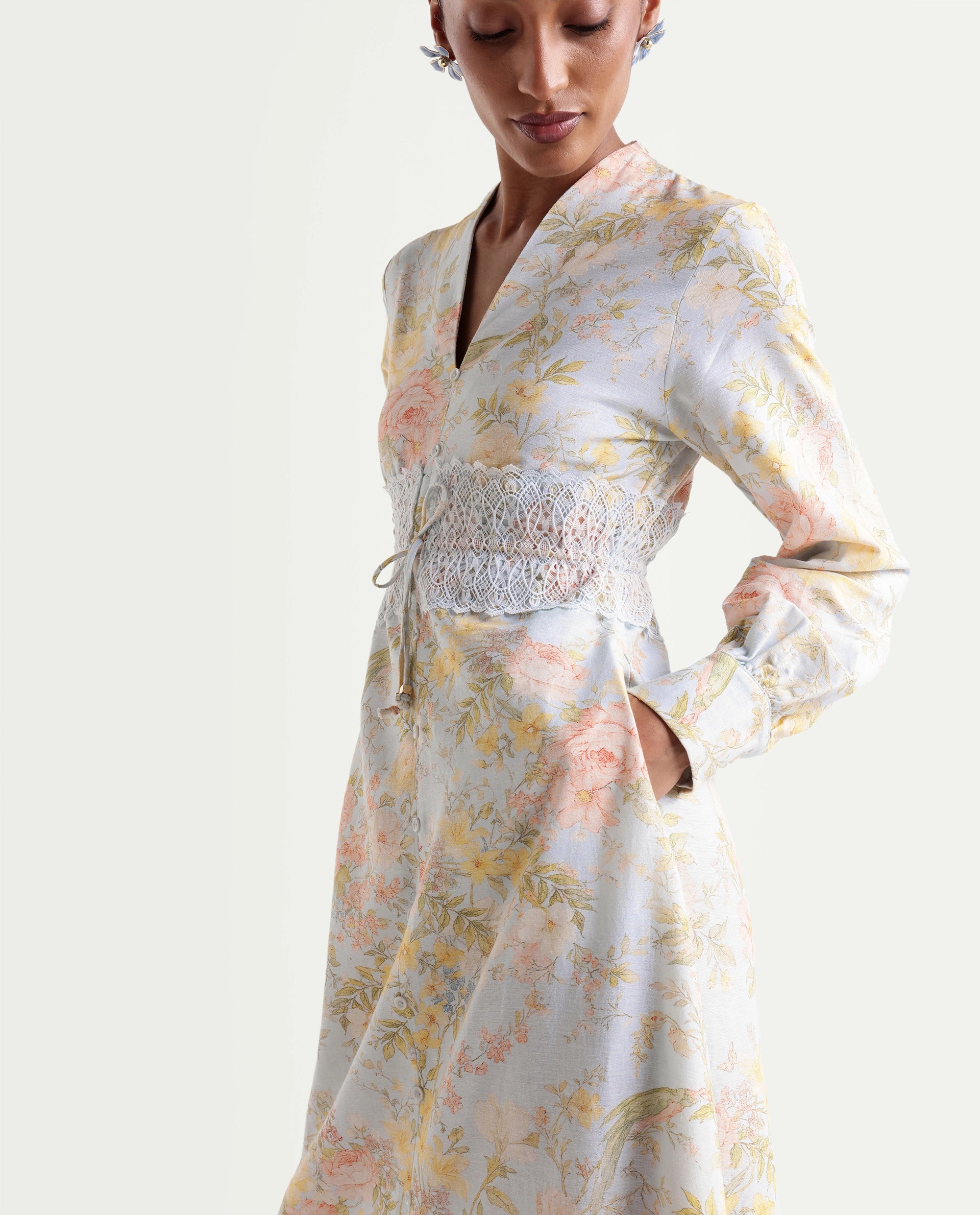 Rareism Women's Rurin Pastel Blue Viscose Blend Built-Up A-Line Floral Print Dress