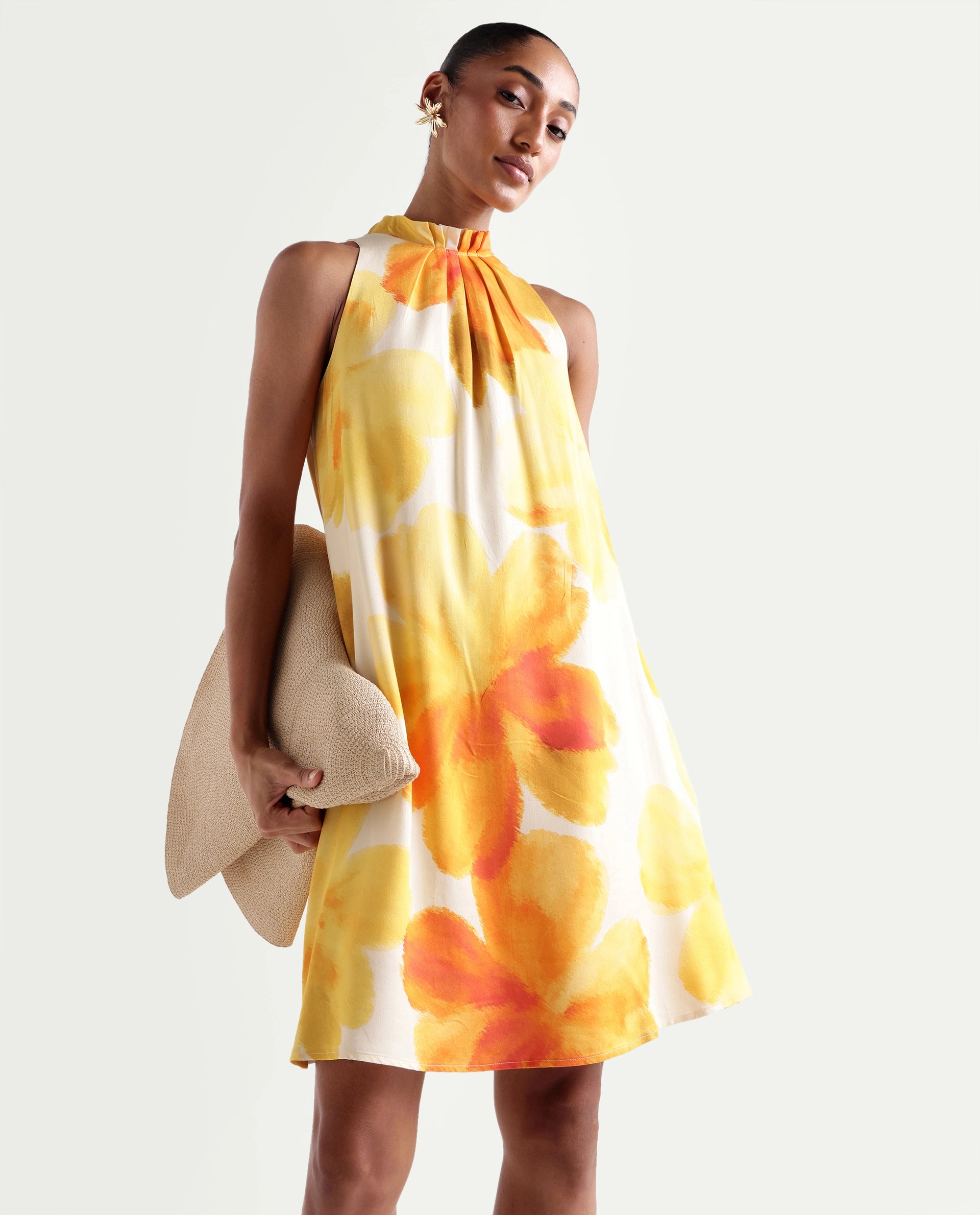 Rareism Women's Rusin Yellow Viscose Halter Neck A-Line Floral Print Dress