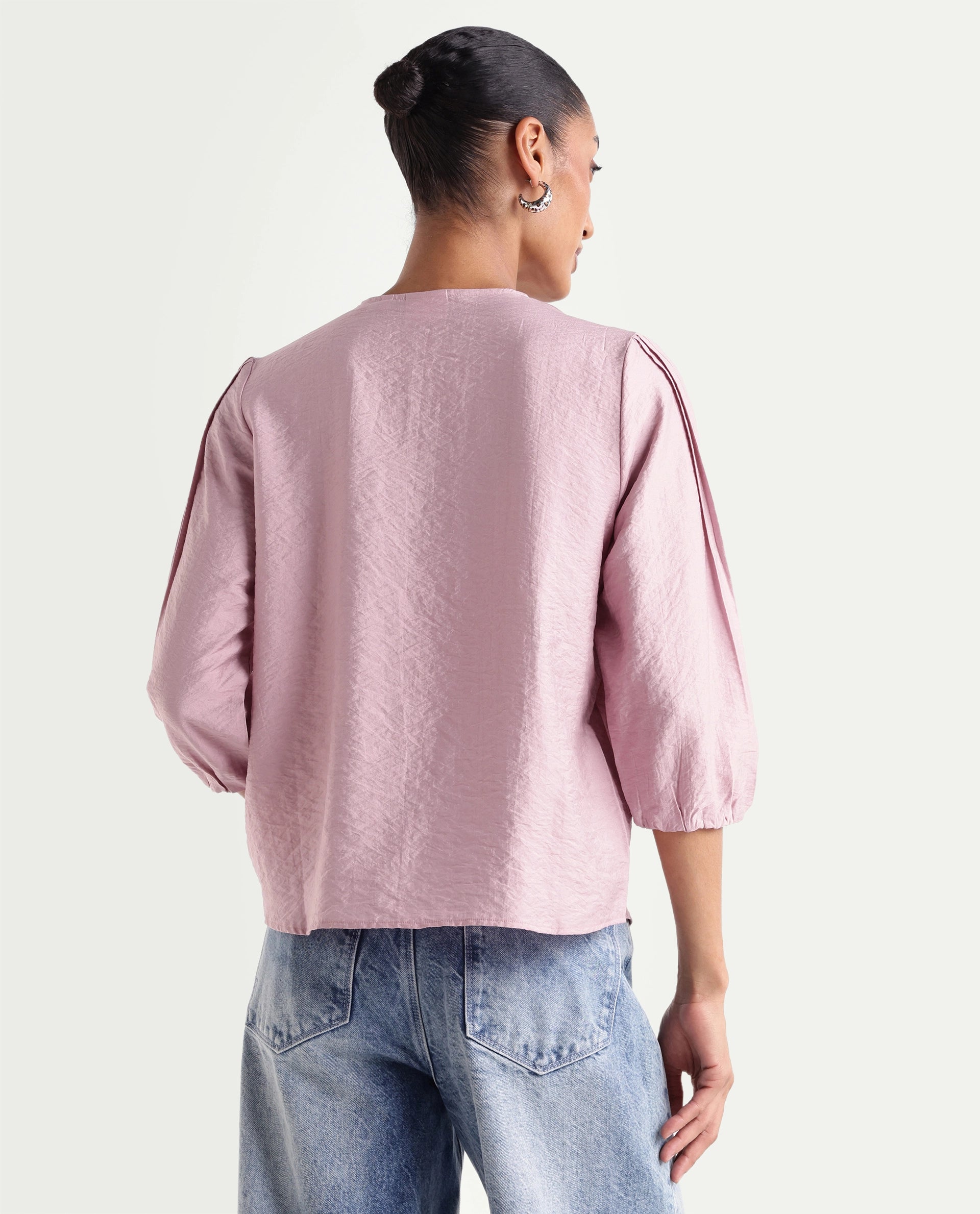 Rareism Women's Varekon Dusky Pink Viscose Blend V-Neck Relaxed Plain Top