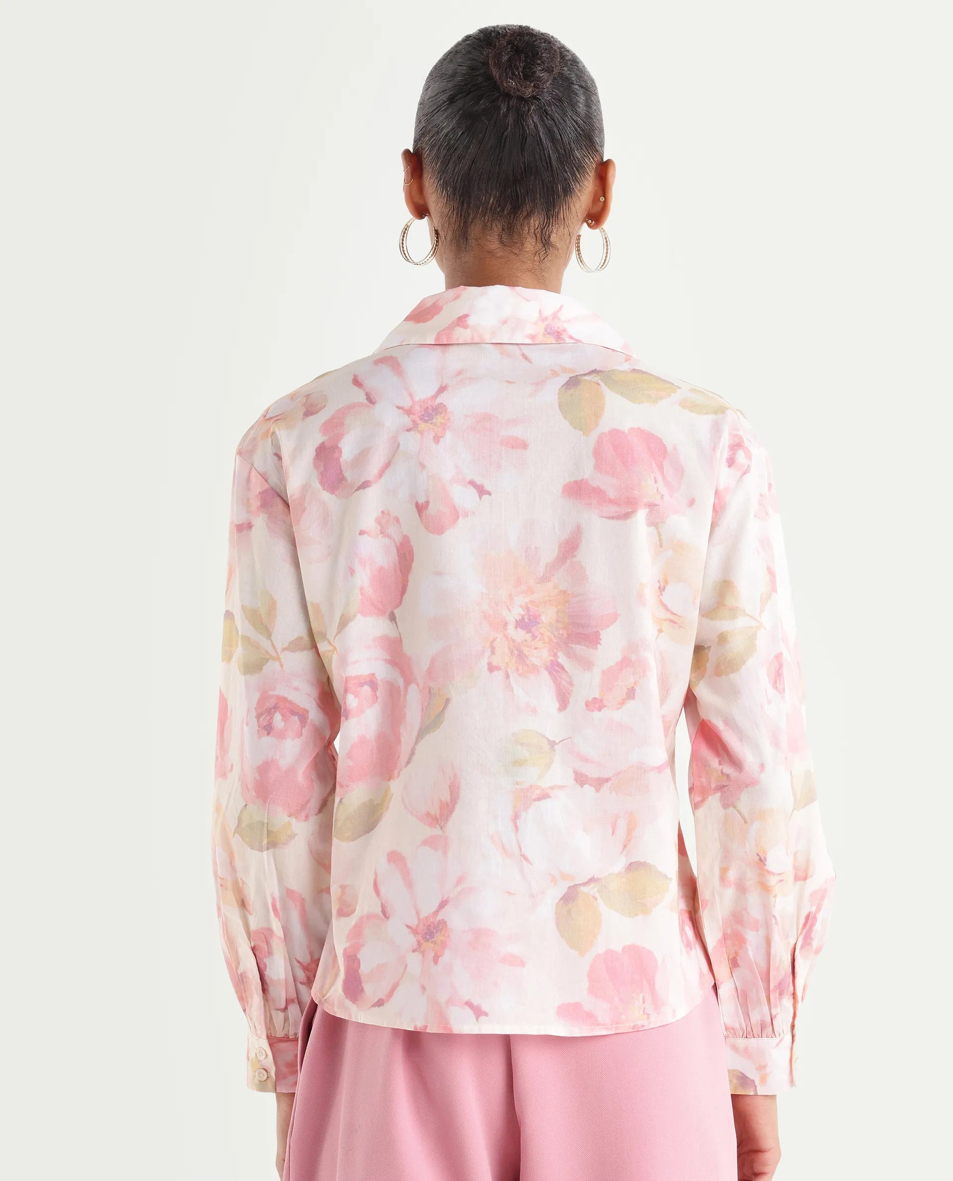 Rareism Women's Vatia Light Multi Cotton Spread Collar Relaxed Floral Print Top
