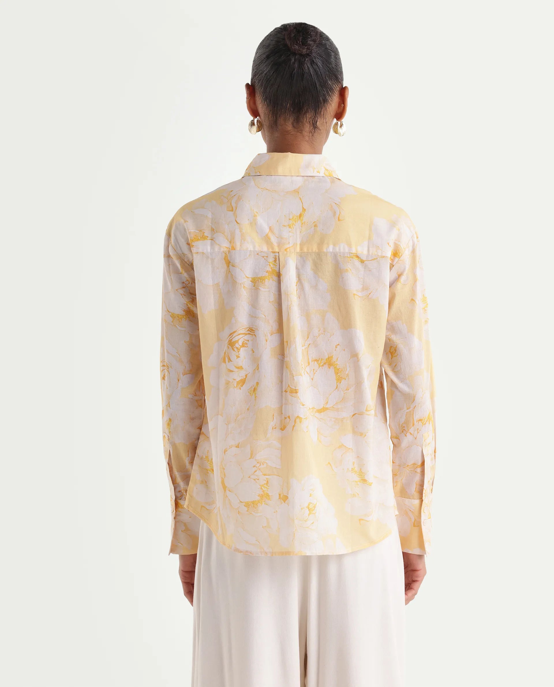 Rareism Women's Rufin Pastel Yellow Cotton Spread Collar Relaxed Floral Print Shirt