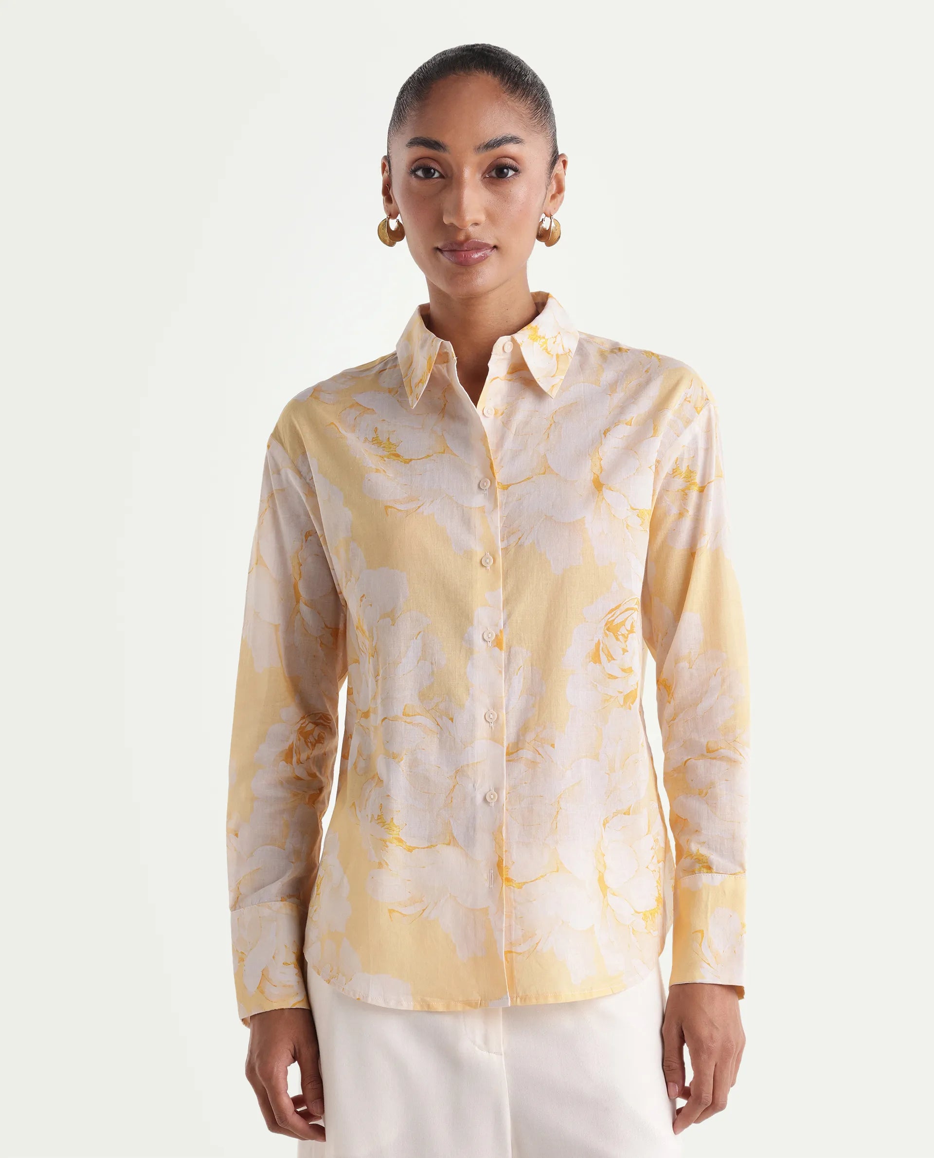 Rareism Women's Rufin Pastel Yellow Cotton Spread Collar Relaxed Floral Print Shirt