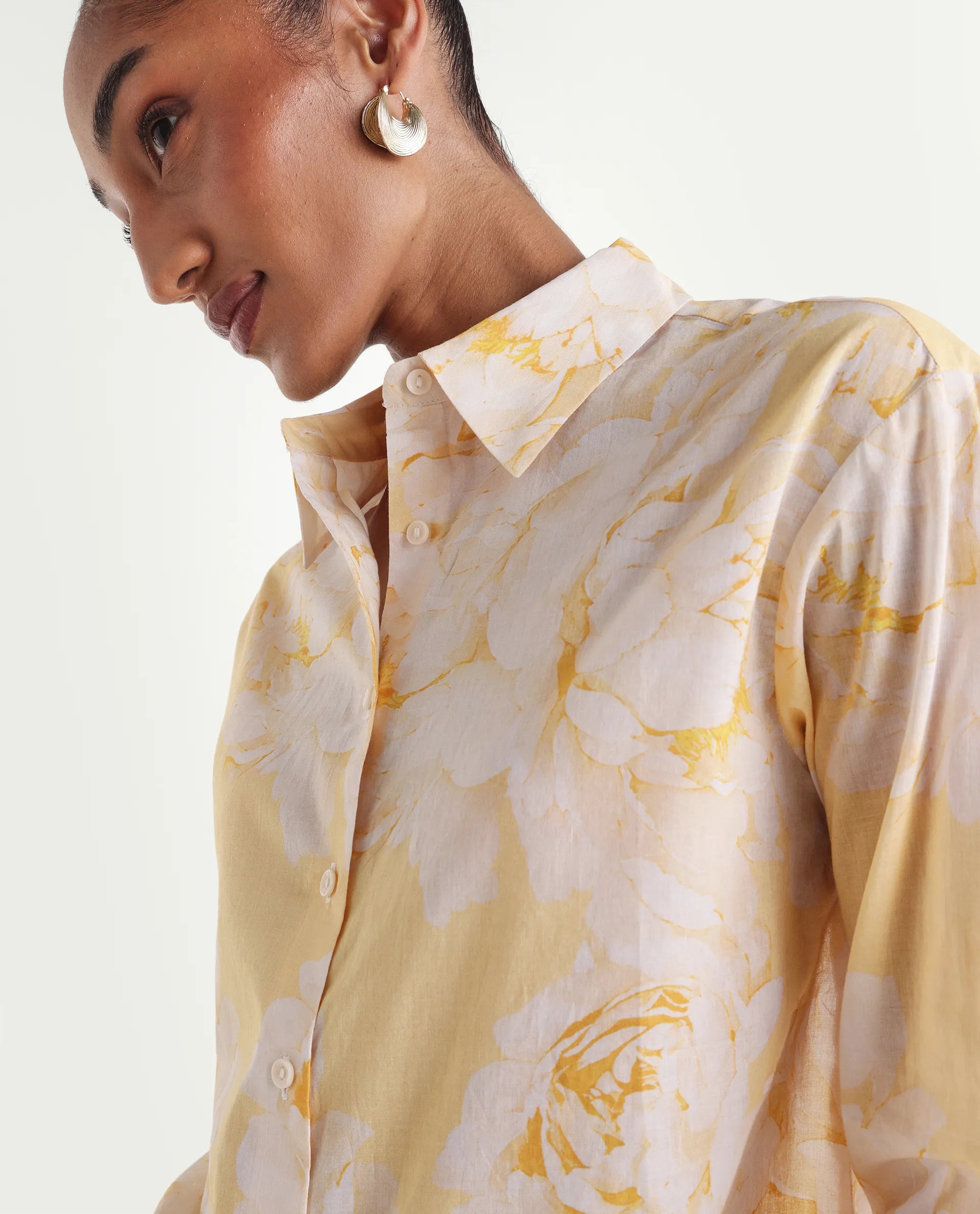 Rareism Women's Rufin Pastel Yellow Cotton Spread Collar Relaxed Floral Print Shirt