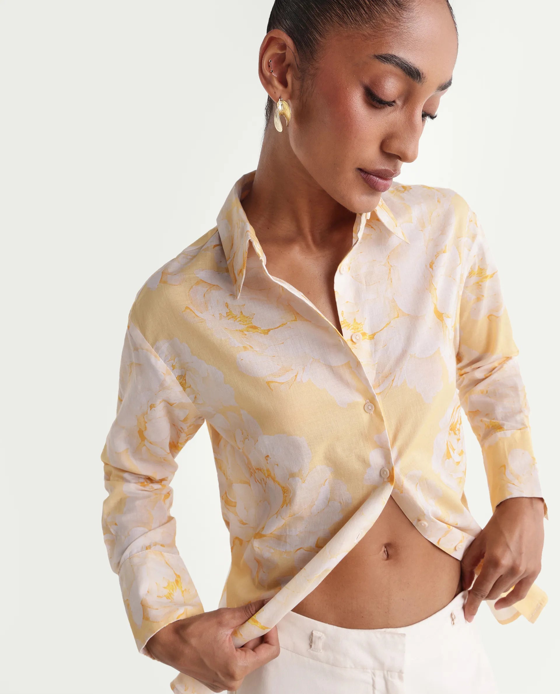 Rareism Women's Rufin Pastel Yellow Cotton Spread Collar Relaxed Floral Print Shirt