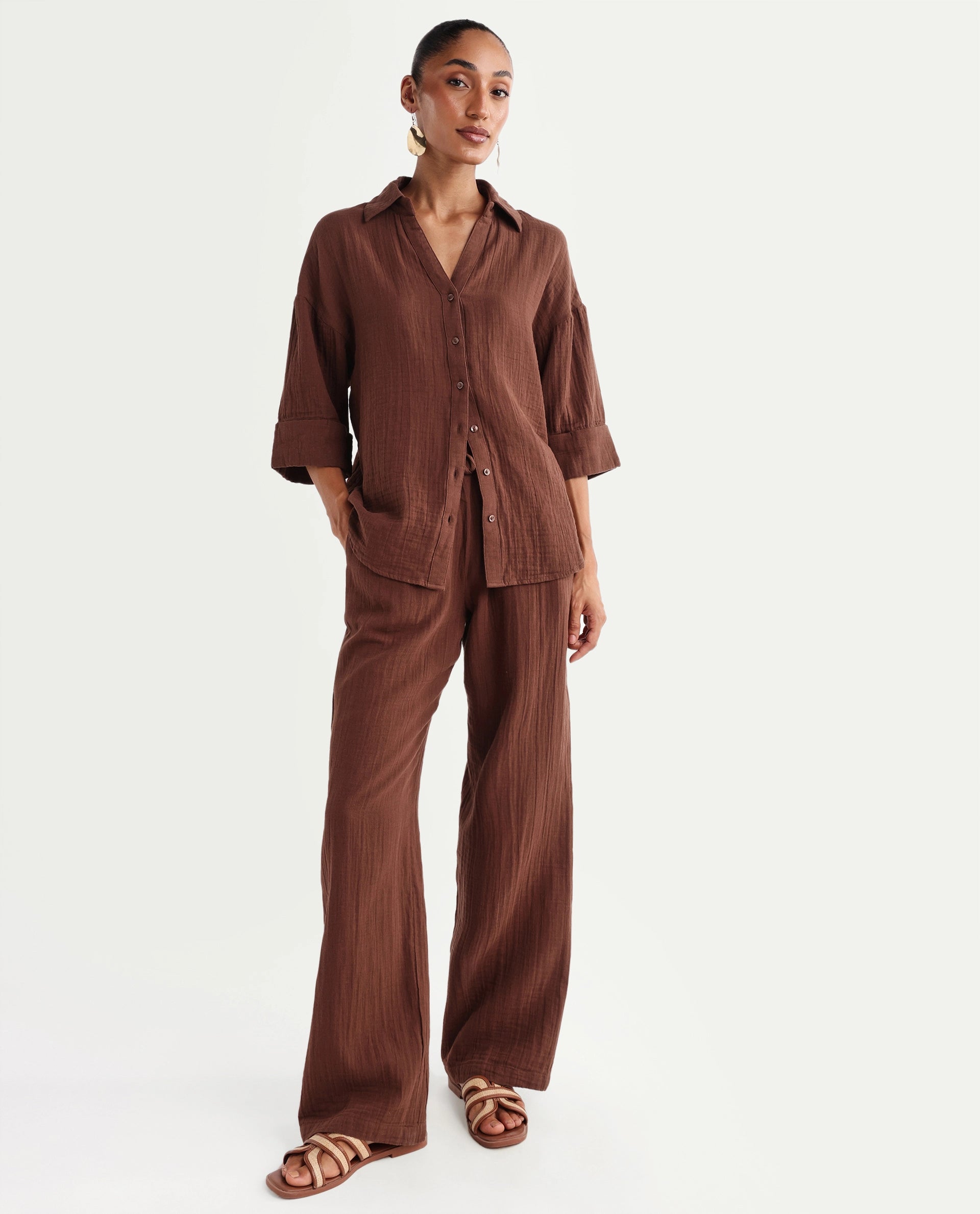 Rareism Women's Rudoc-B Brown Cotton Relaxed Plain Trouser