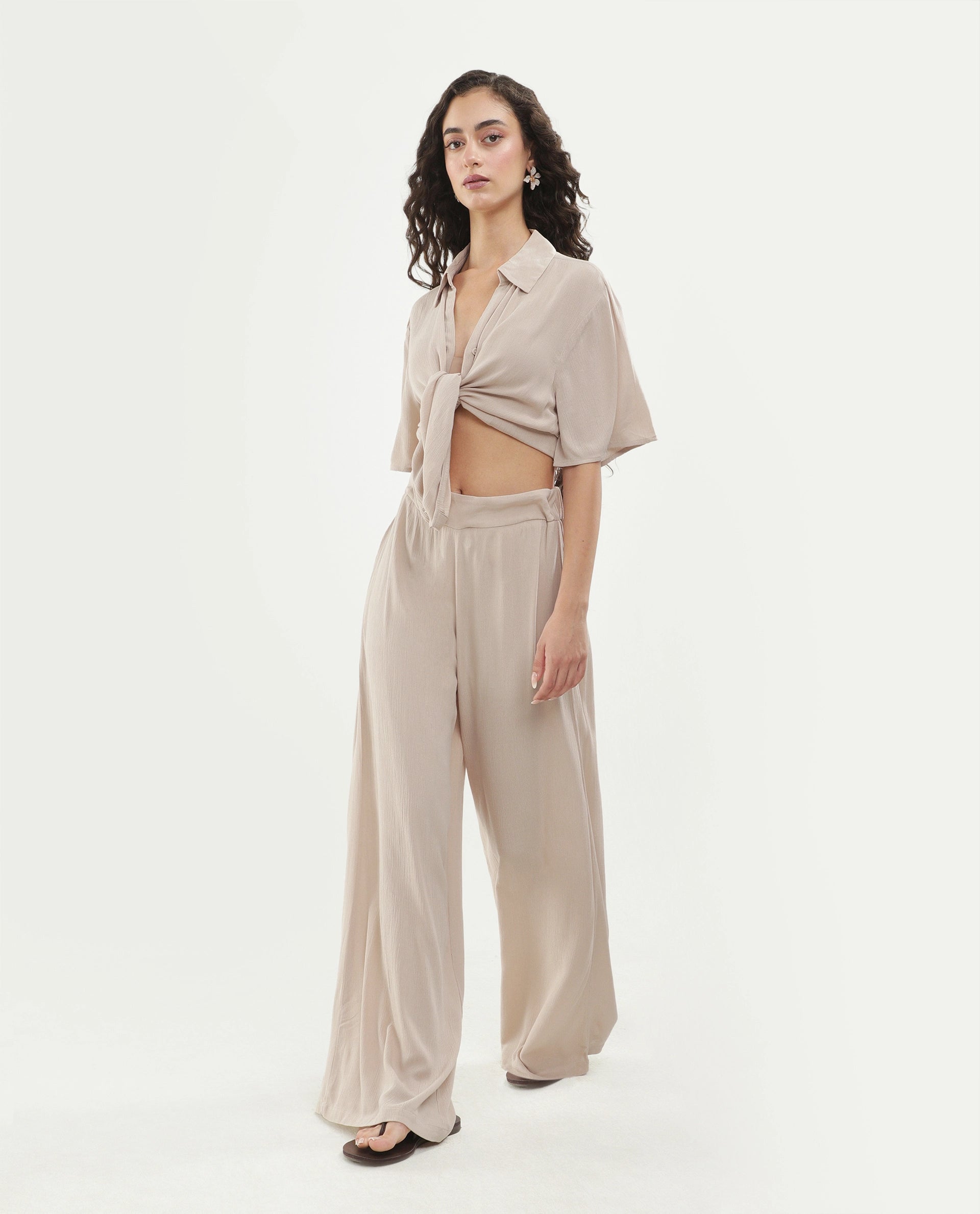 Rareism Women's Vaxon-B Beige Viscose Fabric Ankle length Wide Leg Plain Trouser