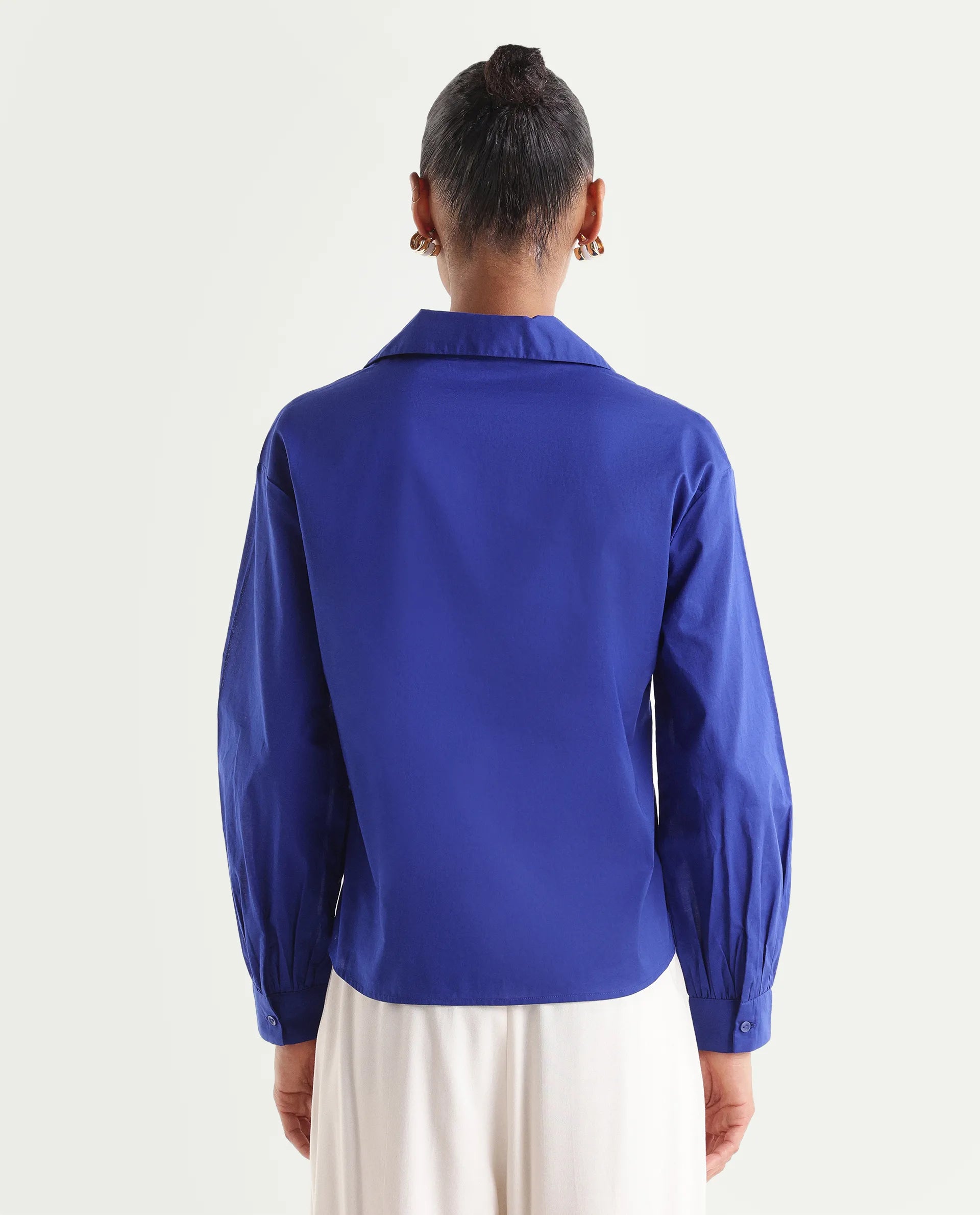 Rareism Women's Vimon Dark Blue Cotton Johnny Collar Relaxed Plain Top