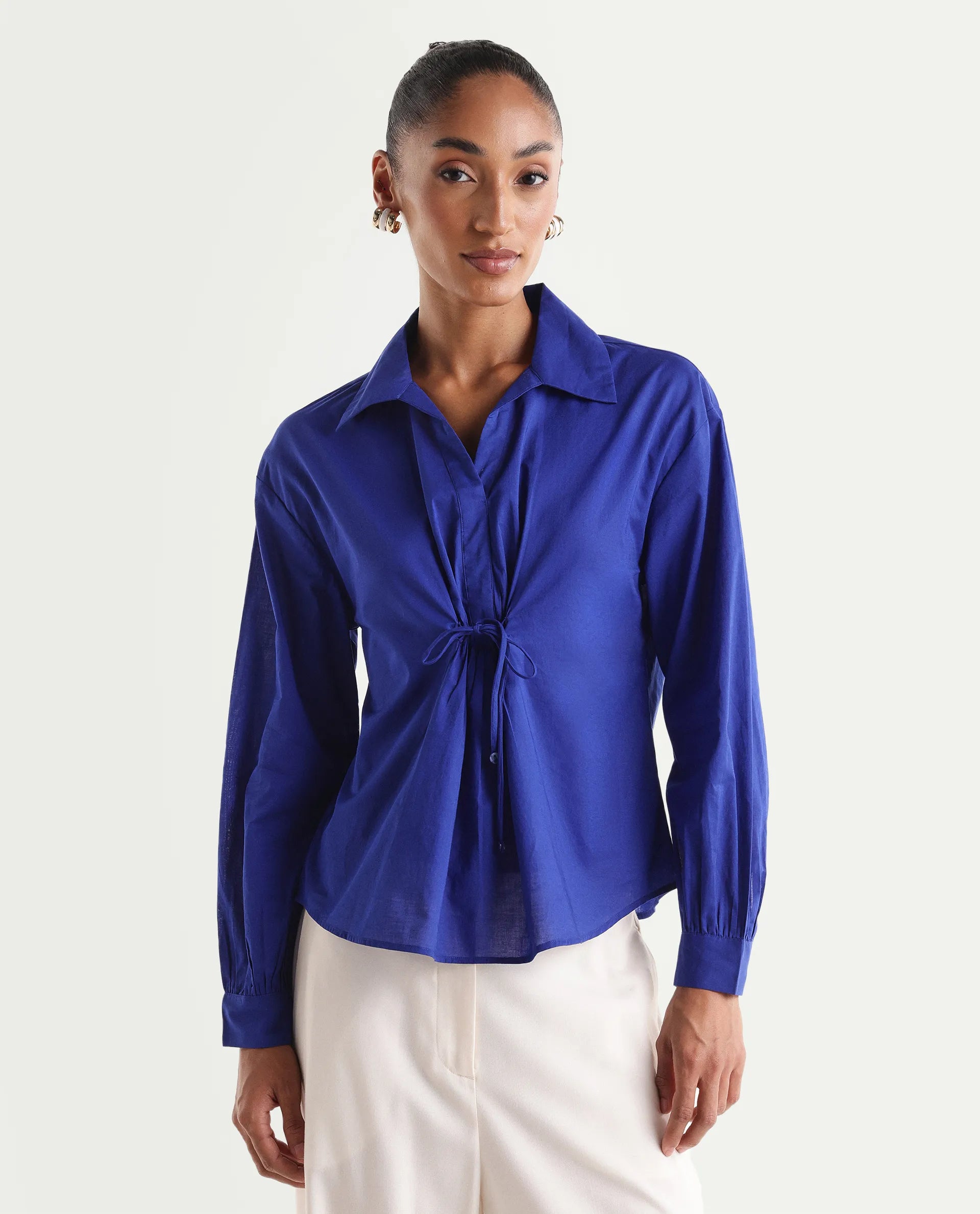 Rareism Women's Vimon Dark Blue Cotton Johnny Collar Relaxed Plain Top