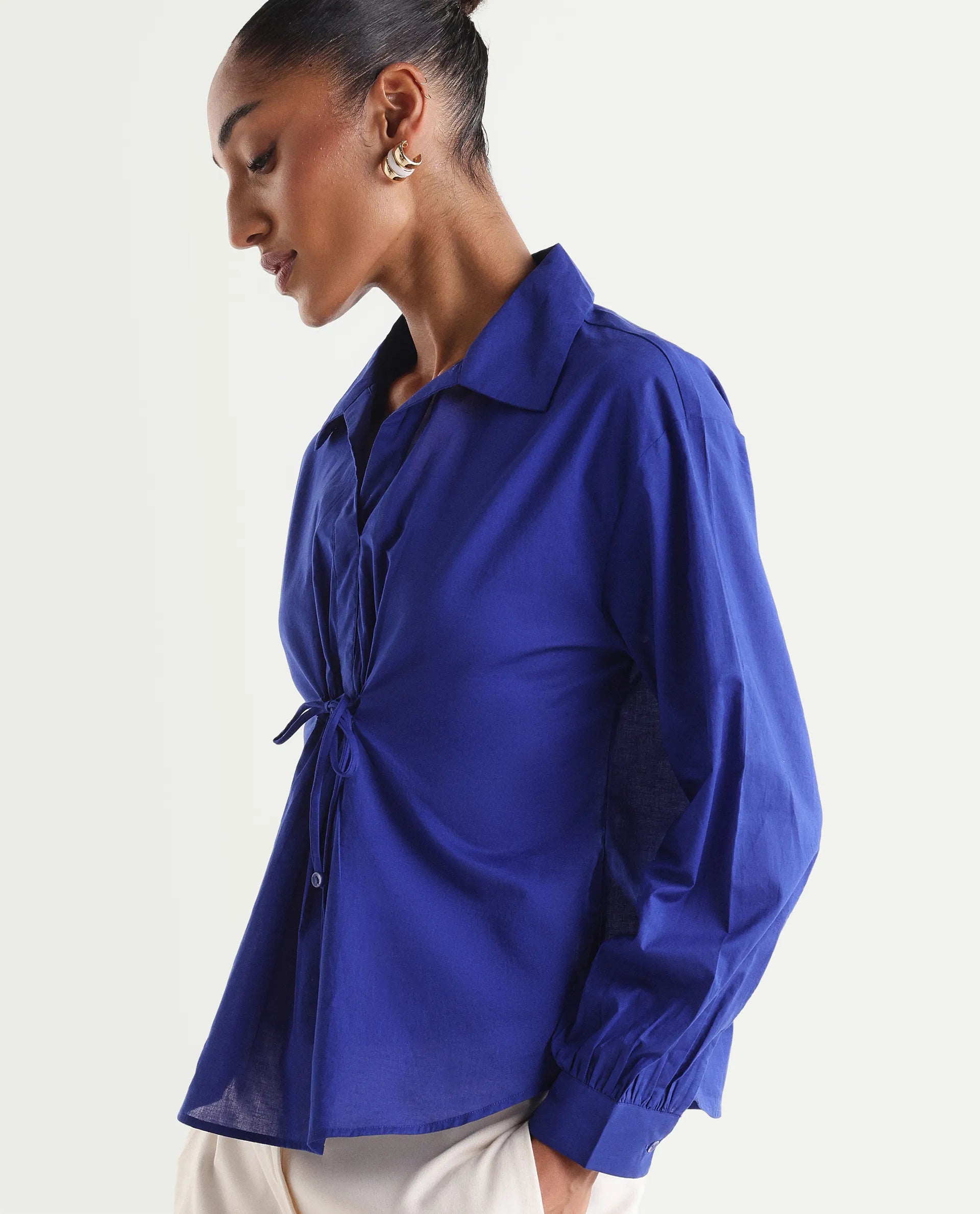 Rareism Women's Vimon Dark Blue Cotton Johnny Collar Relaxed Plain Top