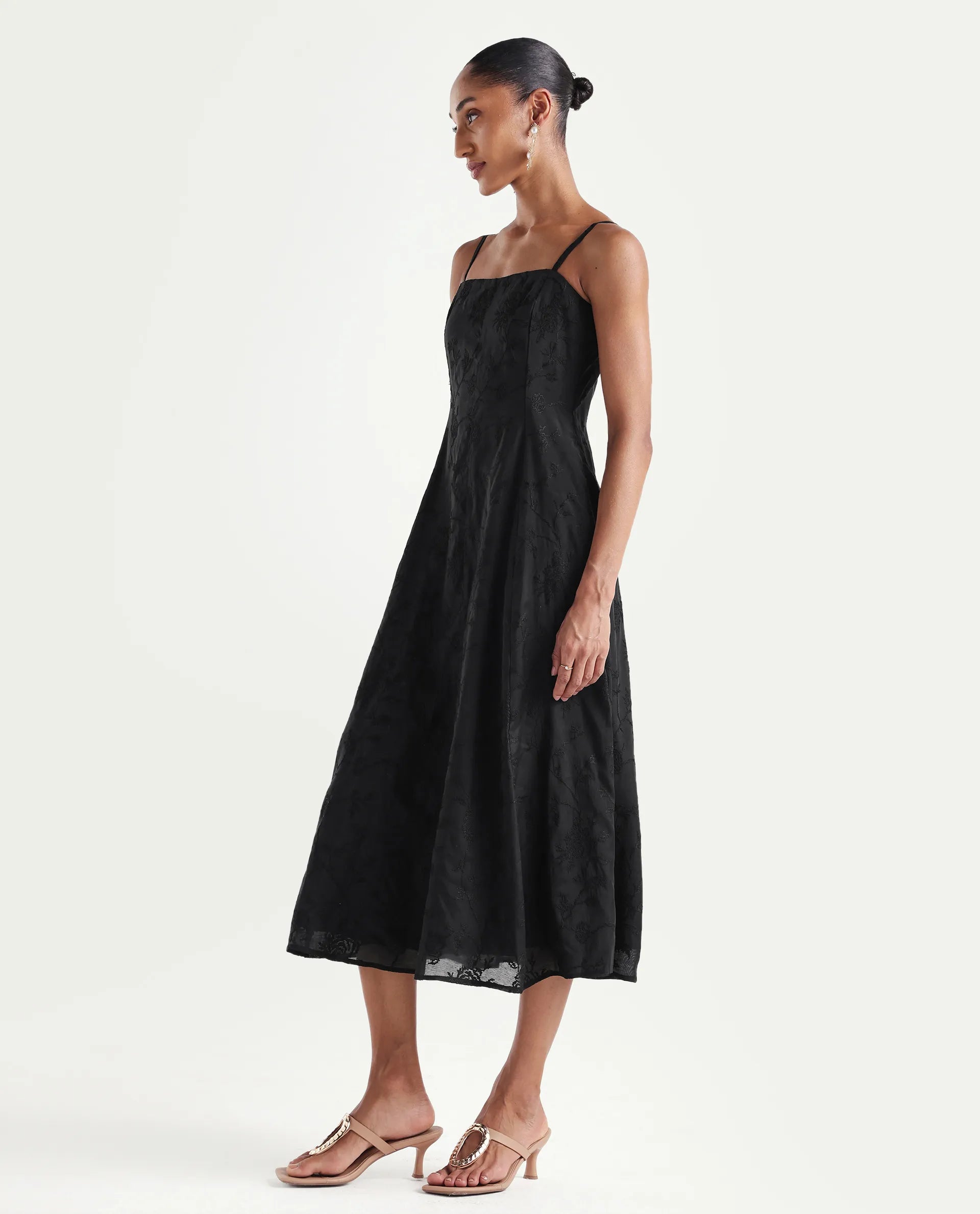 Rareism Women's Trini Dark Black Viscose Fit And Flare Plain Dress