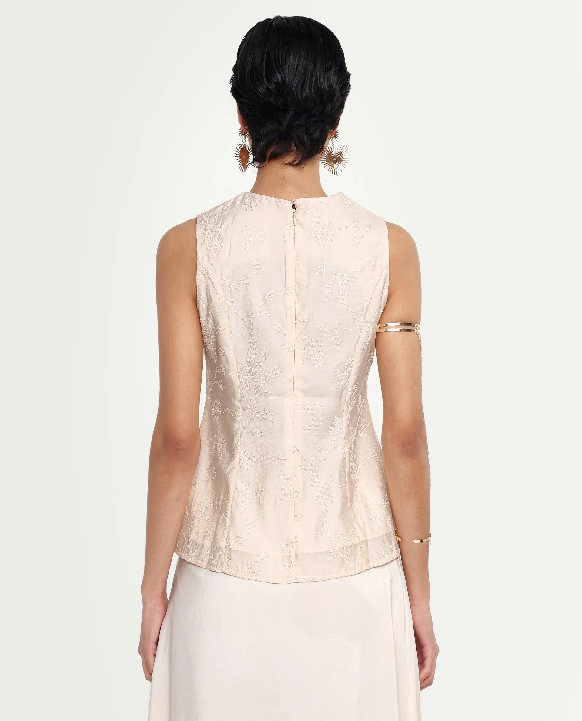 Rareism Women's Tish Pastel Beige Viscose Button And Zip Fit And Flare Plain Top