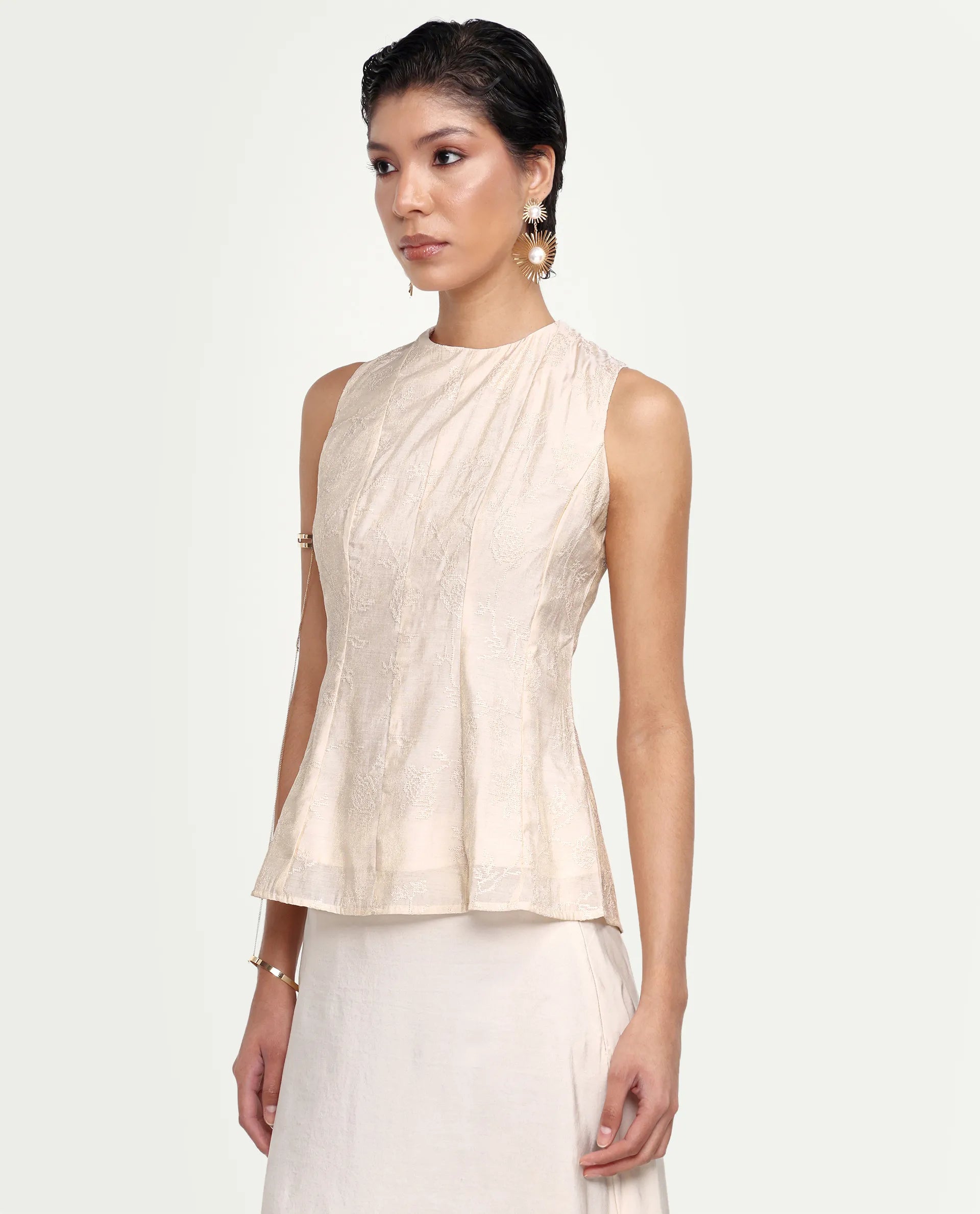 Rareism Women's Tish Pastel Beige Viscose Button And Zip Fit And Flare Plain Top