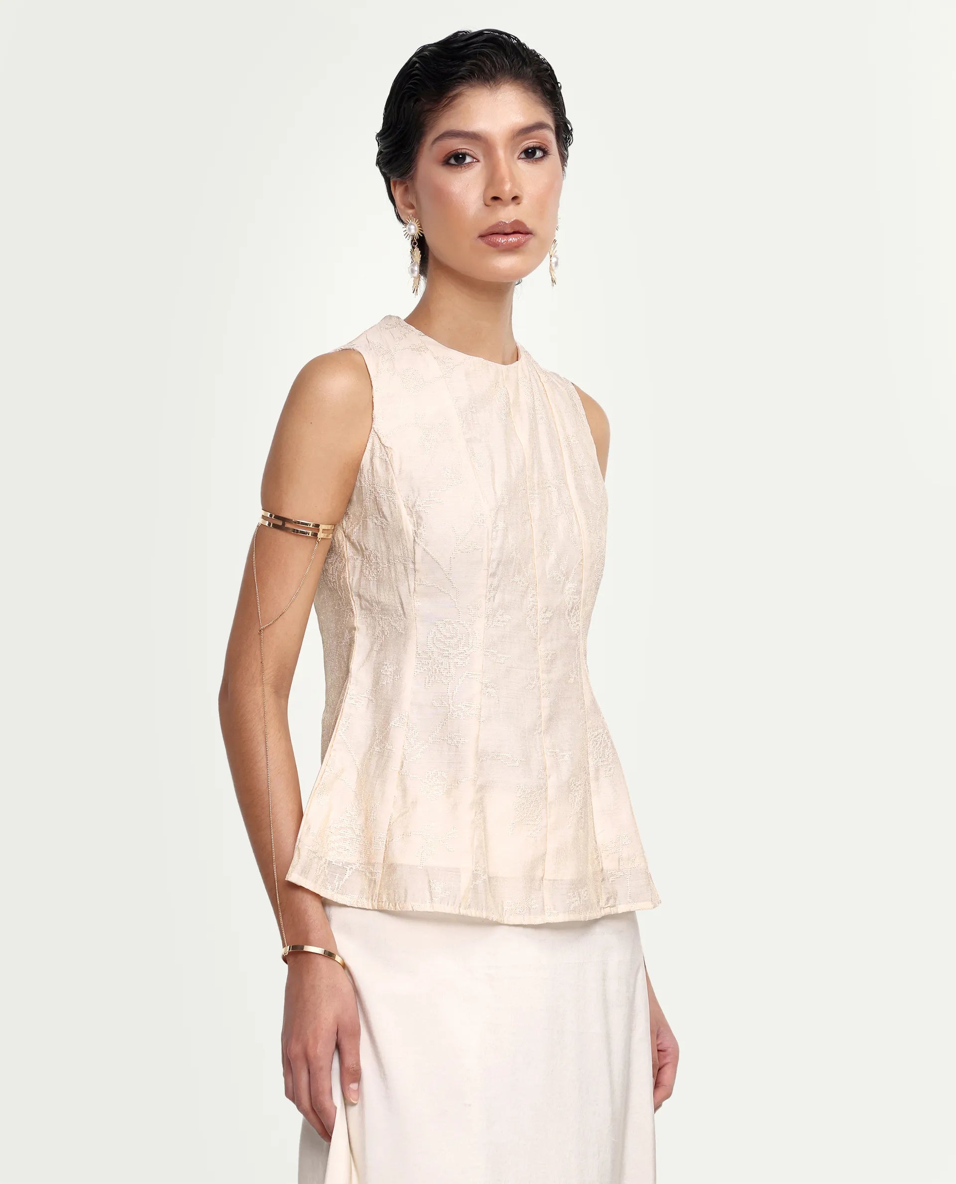 Rareism Women's Tish Pastel Beige Viscose Button And Zip Fit And Flare Plain Top