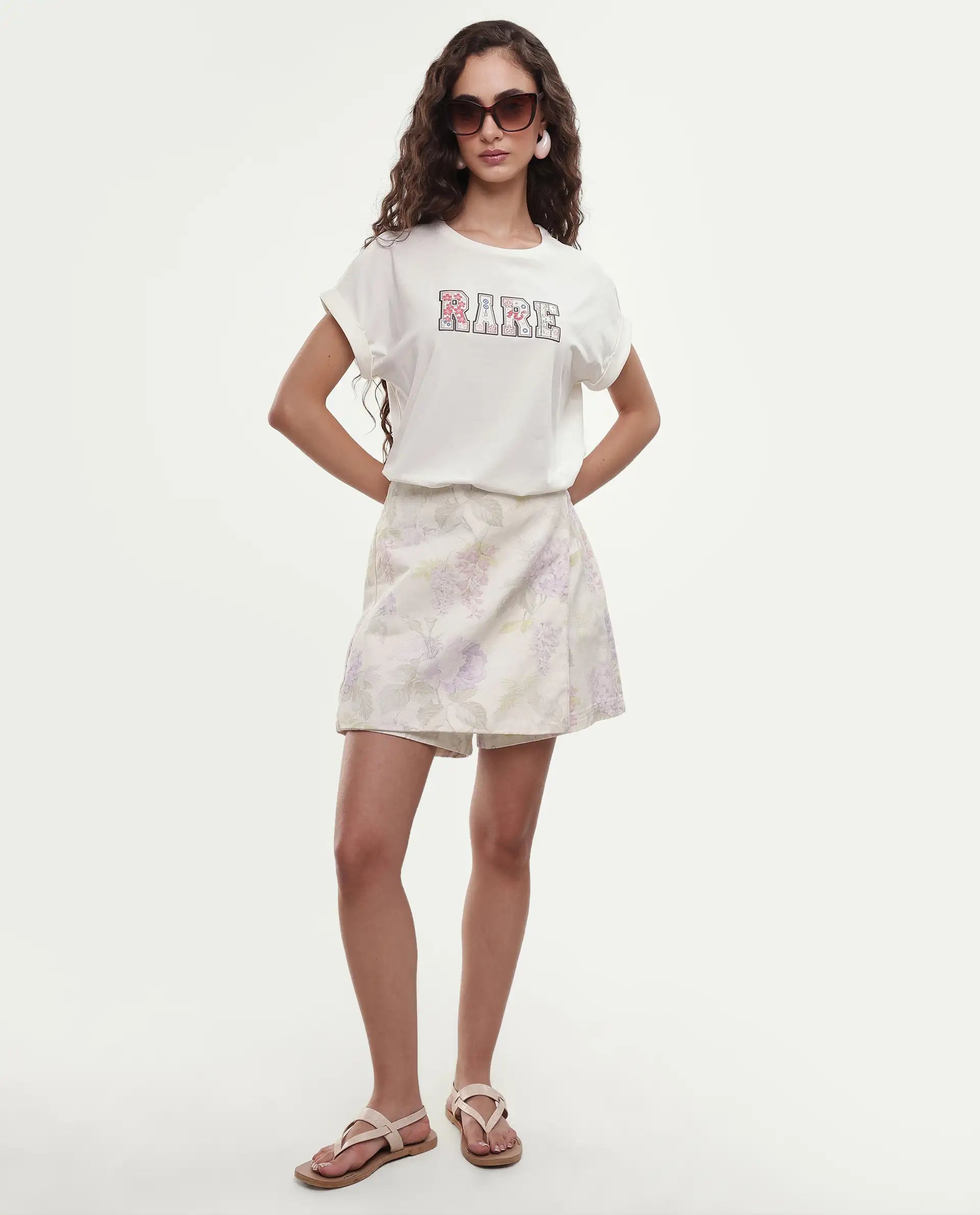 Rareism Women's Majo Off White Cotton Blend Fabric Crew Neck Relaxed Typography Print T-Shirt