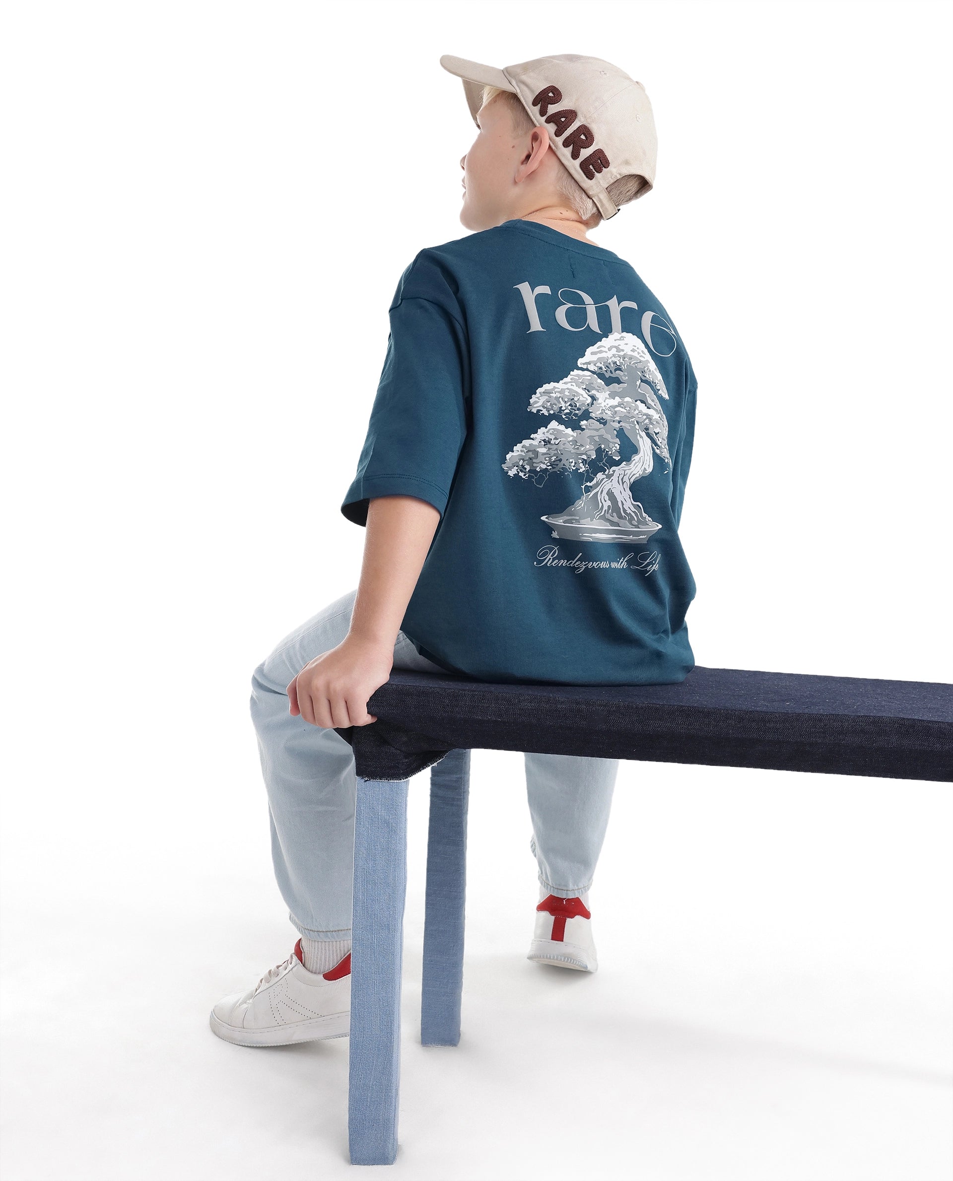 Rare Ones Kids Bonz Dark Teal Cotton Fabric Pull-On Closure Back Print Oversized Fit T-Shirt