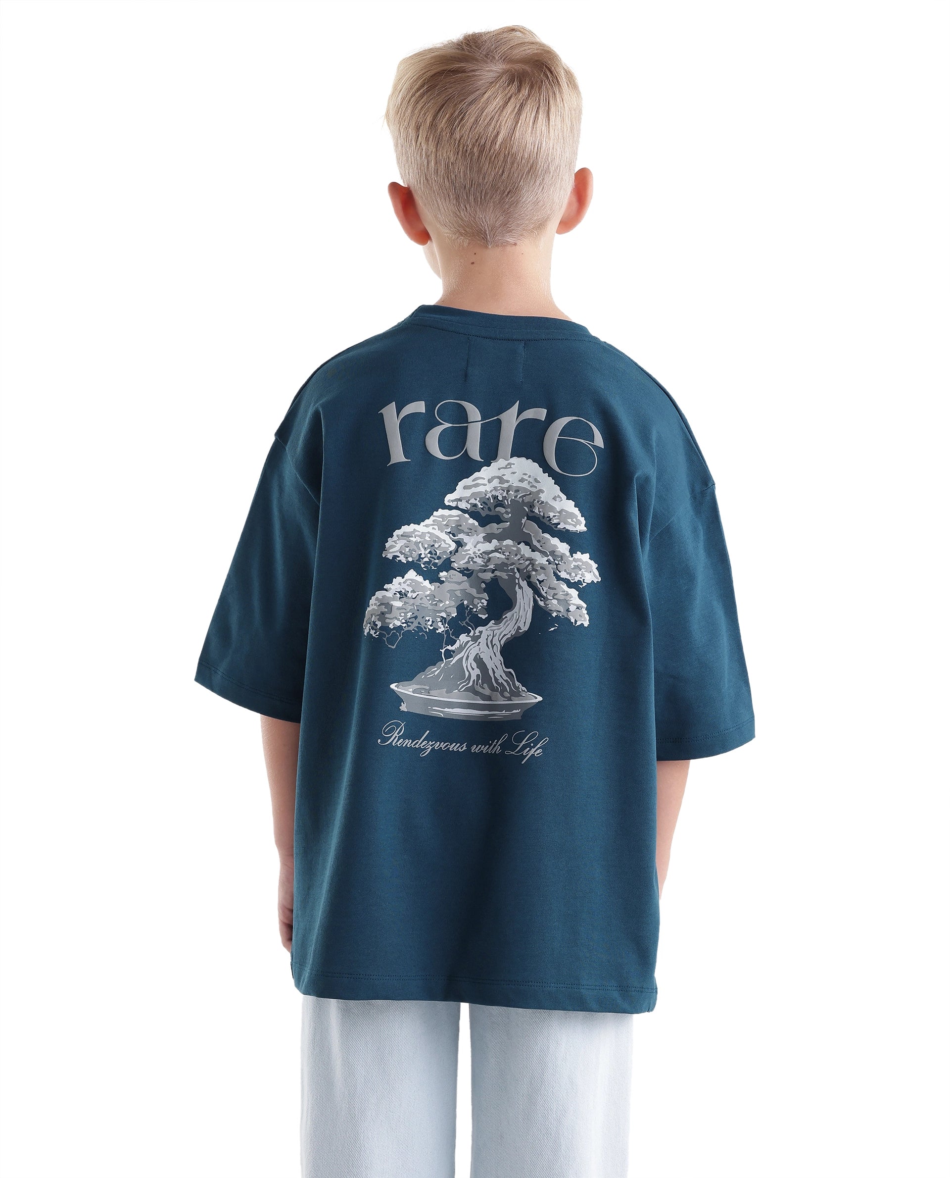 Rare Ones Kids Bonz Dark Teal Cotton Fabric Pull-On Closure Back Print Oversized Fit T-Shirt