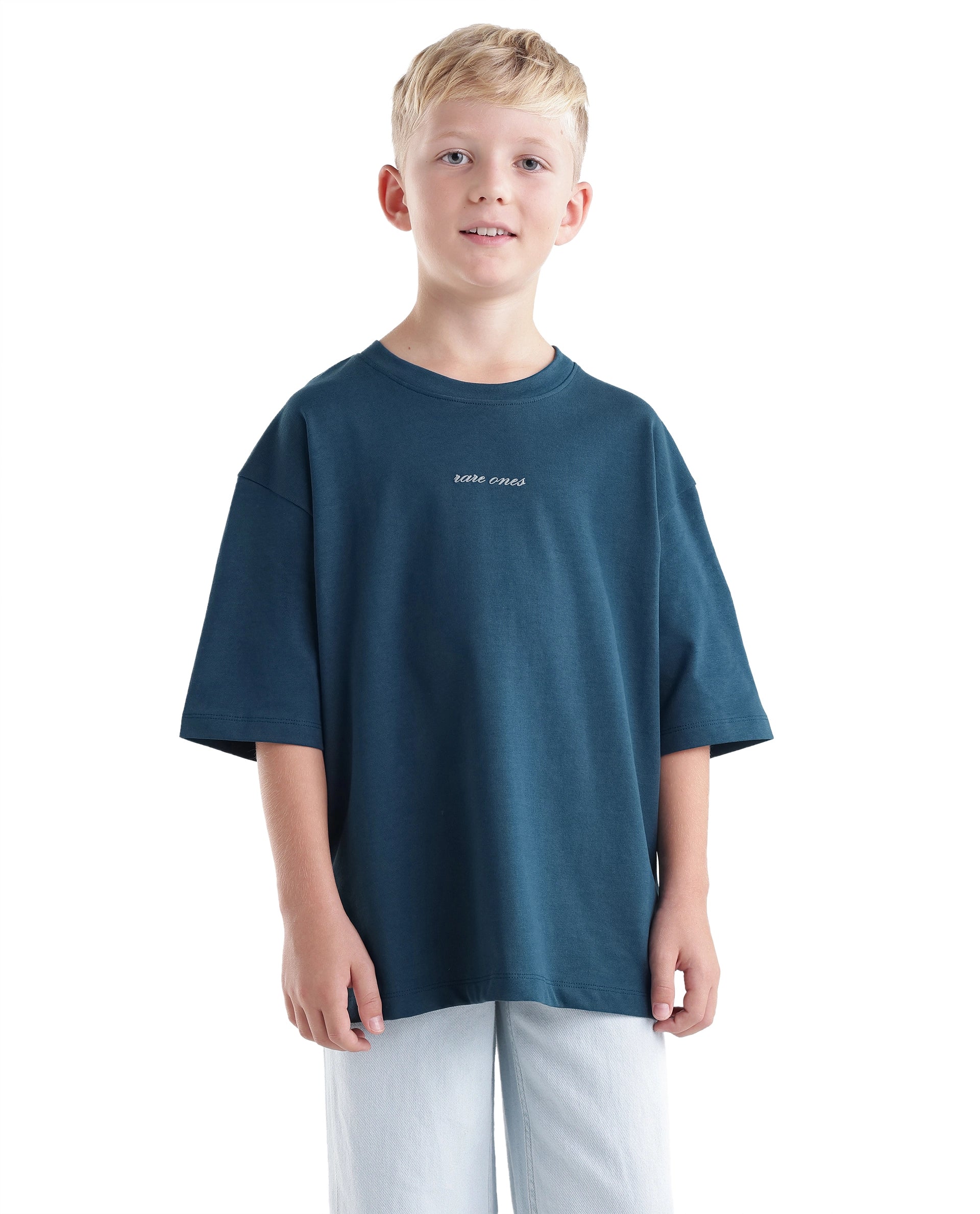 Rare Ones Kids Bonz Dark Teal Cotton Fabric Pull-On Closure Back Print Oversized Fit T-Shirt