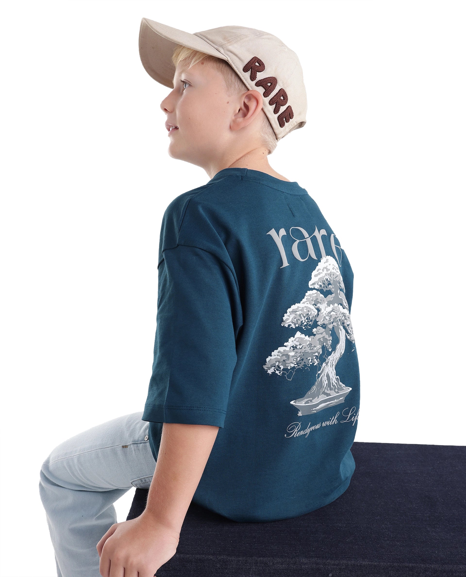 Rare Ones Kids Bonz Dark Teal Cotton Fabric Pull-On Closure Back Print Oversized Fit T-Shirt