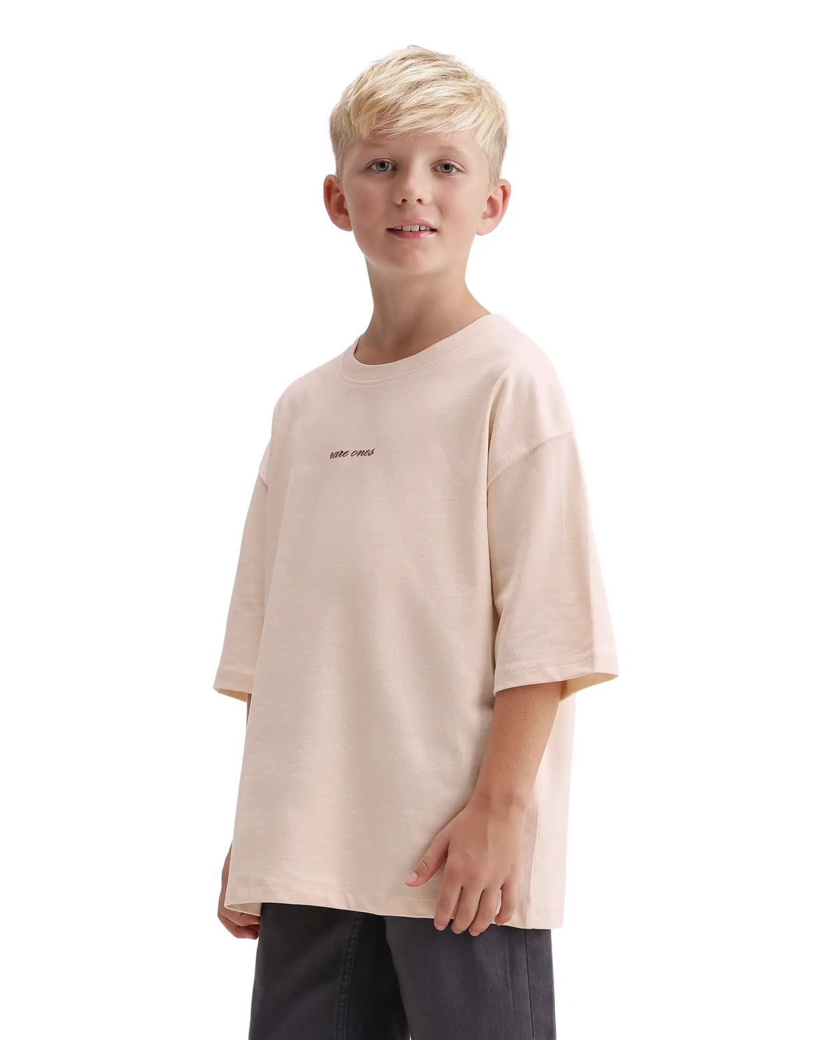 Rare Ones Kids Bonz Light Beige Cotton Fabric Pull-On Closure Back Print Oversized Fit T-Shirt