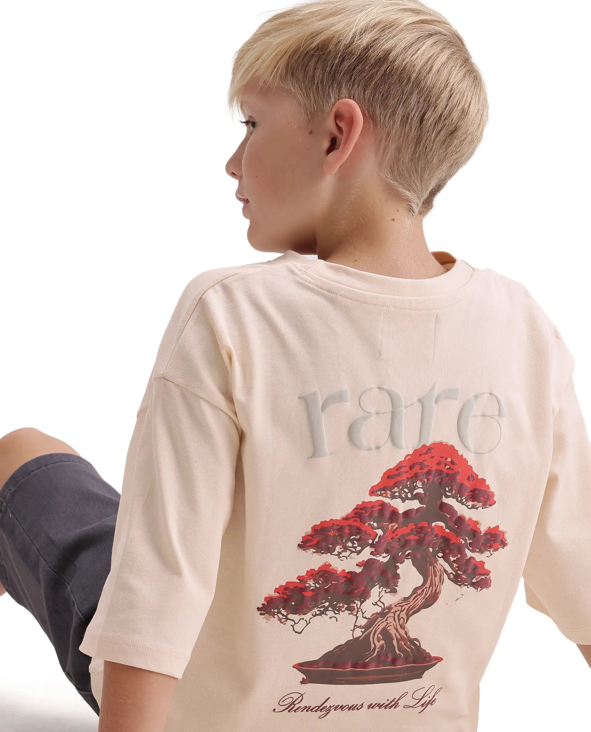 Rare Ones Kids Bonz Light Beige Cotton Fabric Pull-On Closure Back Print Oversized Fit T-Shirt