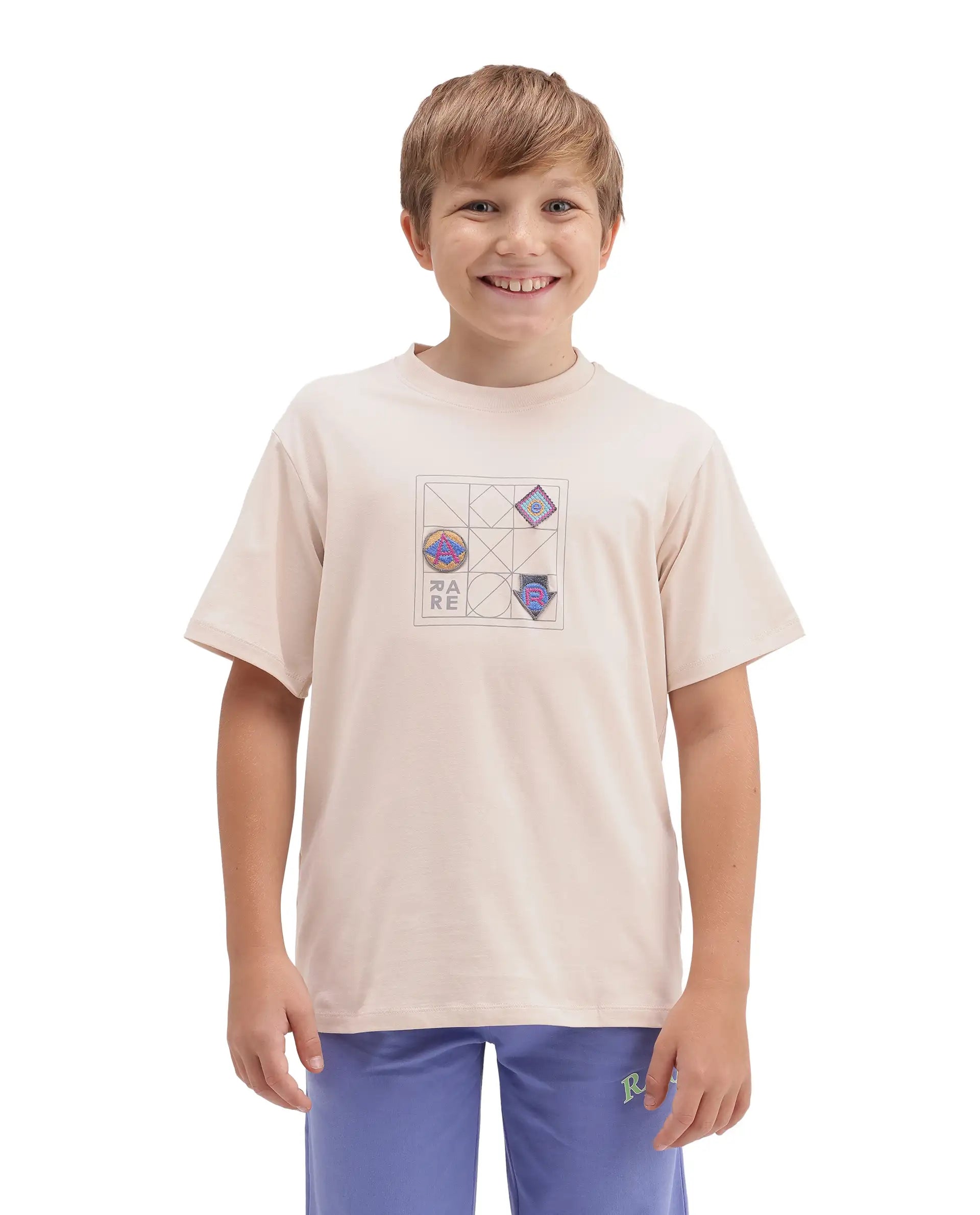 Rare Ones Kids Kart-K Light Beige Cotton Blend Fabric Pull-On Closure Regular Fit T-Shirt