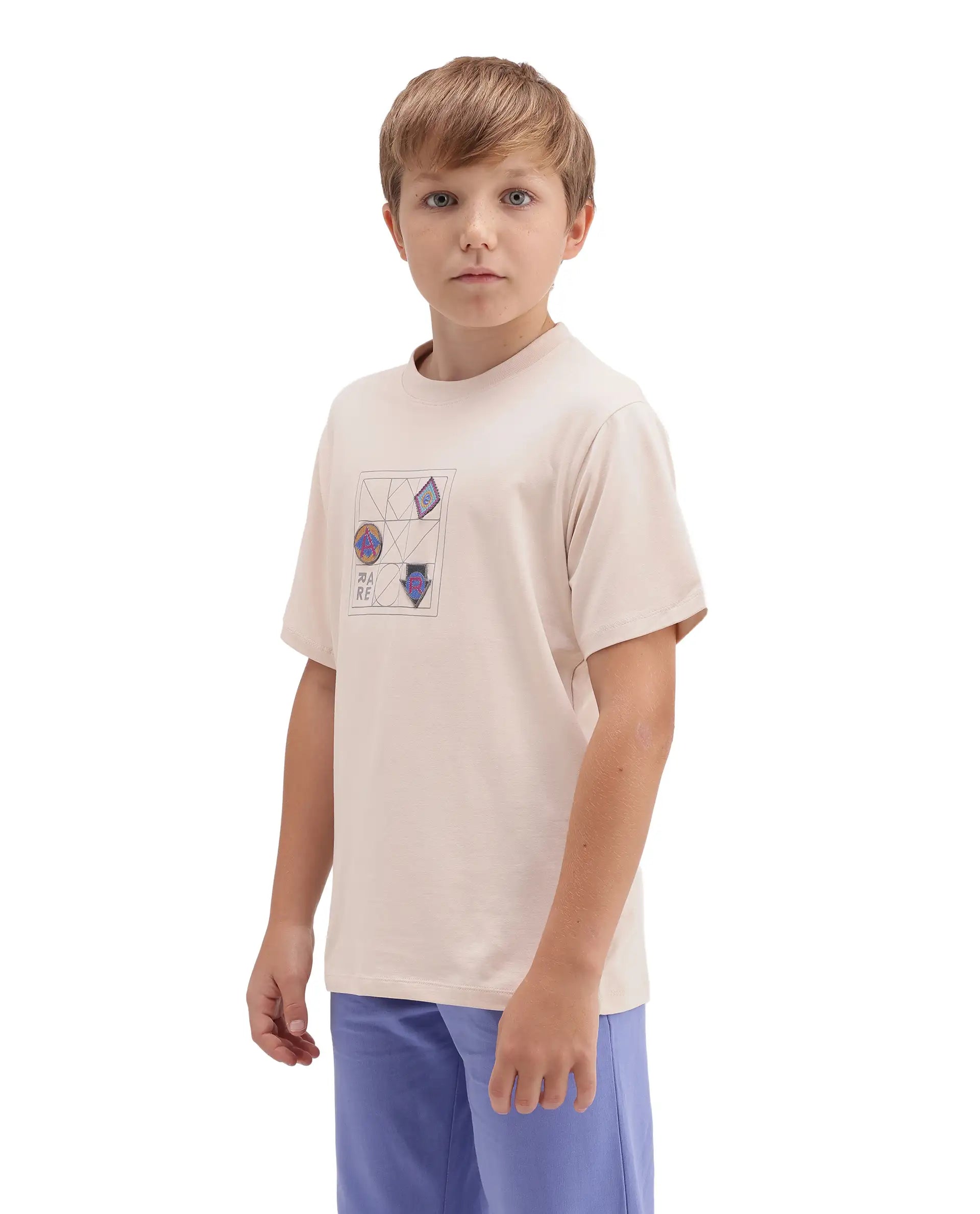 Rare Ones Kids Kart-K Light Beige Cotton Blend Fabric Pull-On Closure Regular Fit T-Shirt