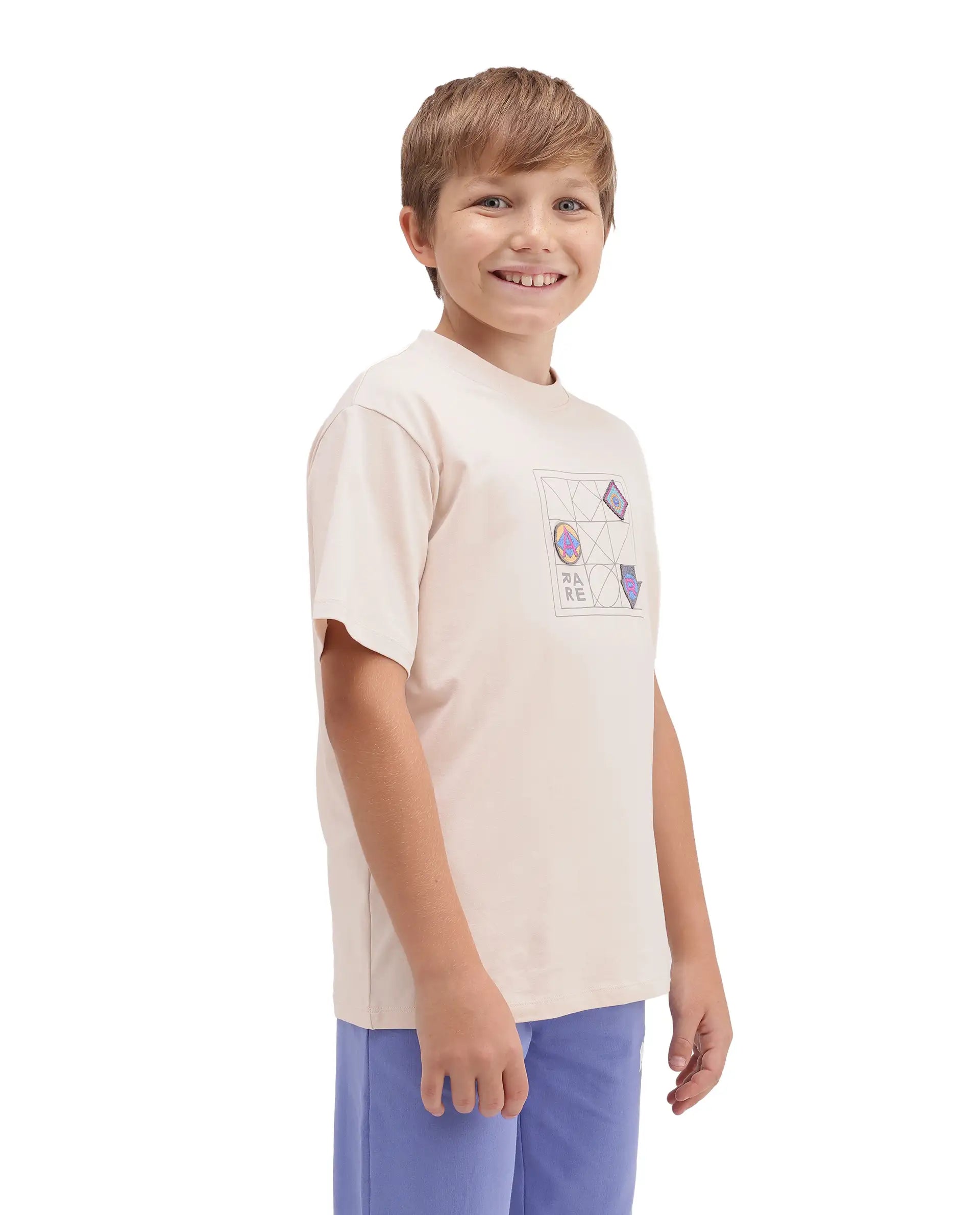 Rare Ones Kids Kart-K Light Beige Cotton Blend Fabric Pull-On Closure Regular Fit T-Shirt
