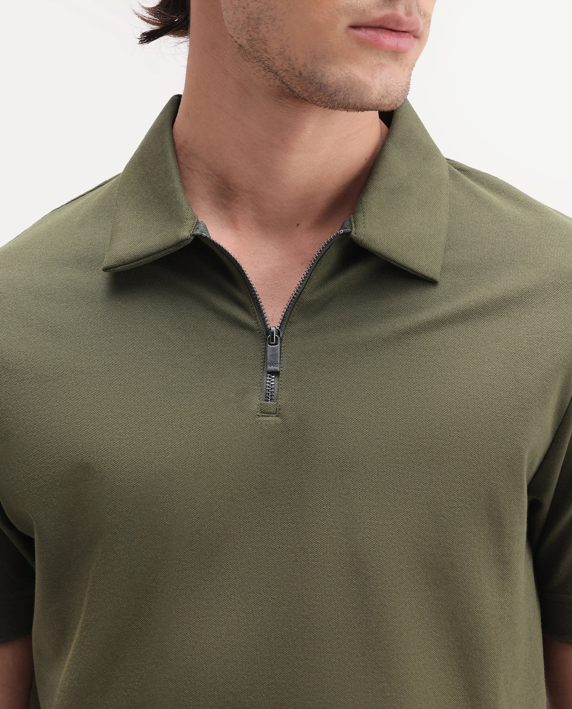 Rare Rabbit Men's Basic Rr-Corp-Cove Dark Olive Cotton Blend Spread Collar Regular Plain Polo