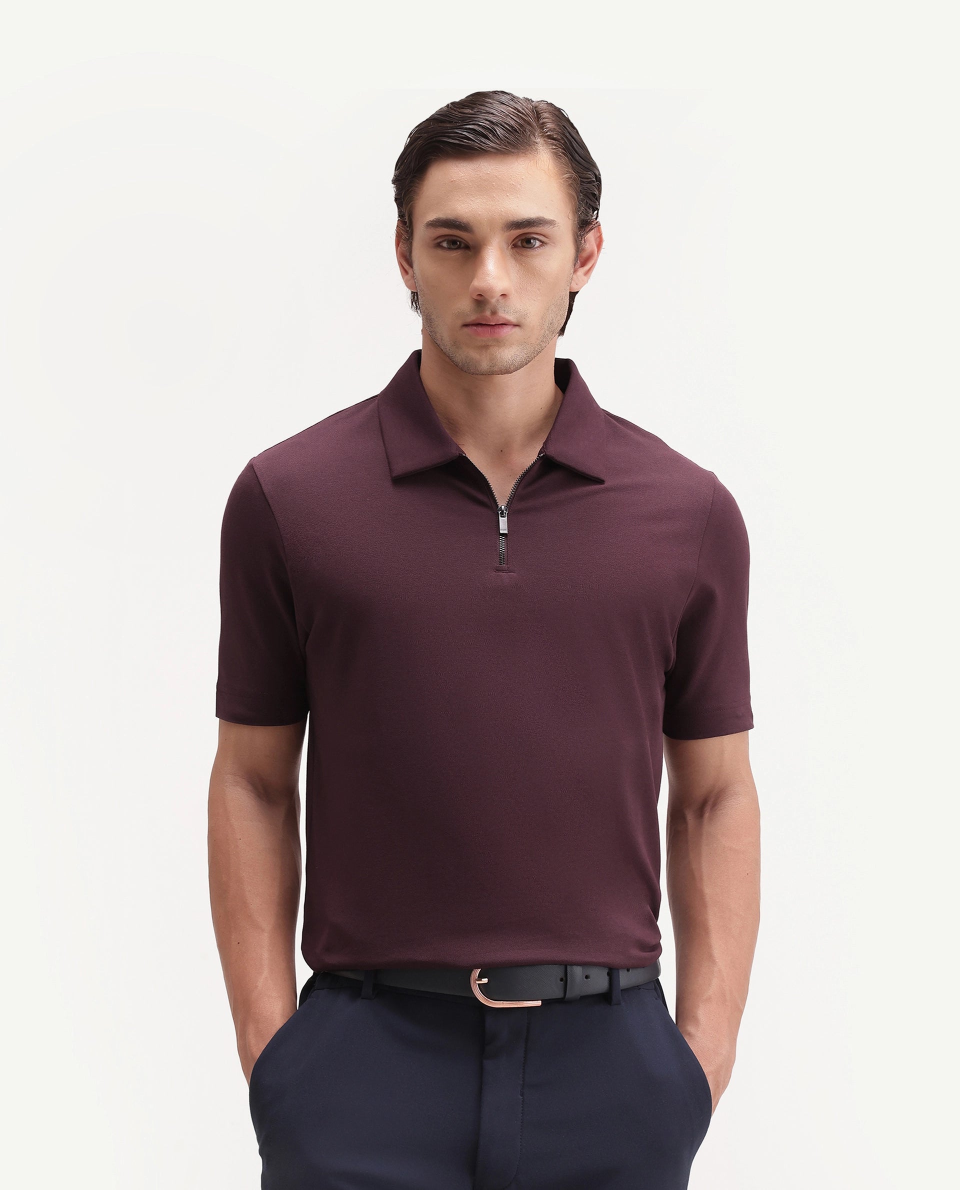 Rare Rabbit Men's Basic Rr-Corp-Cove Maroon Cotton Blend Spread Collar Regular Plain Polo