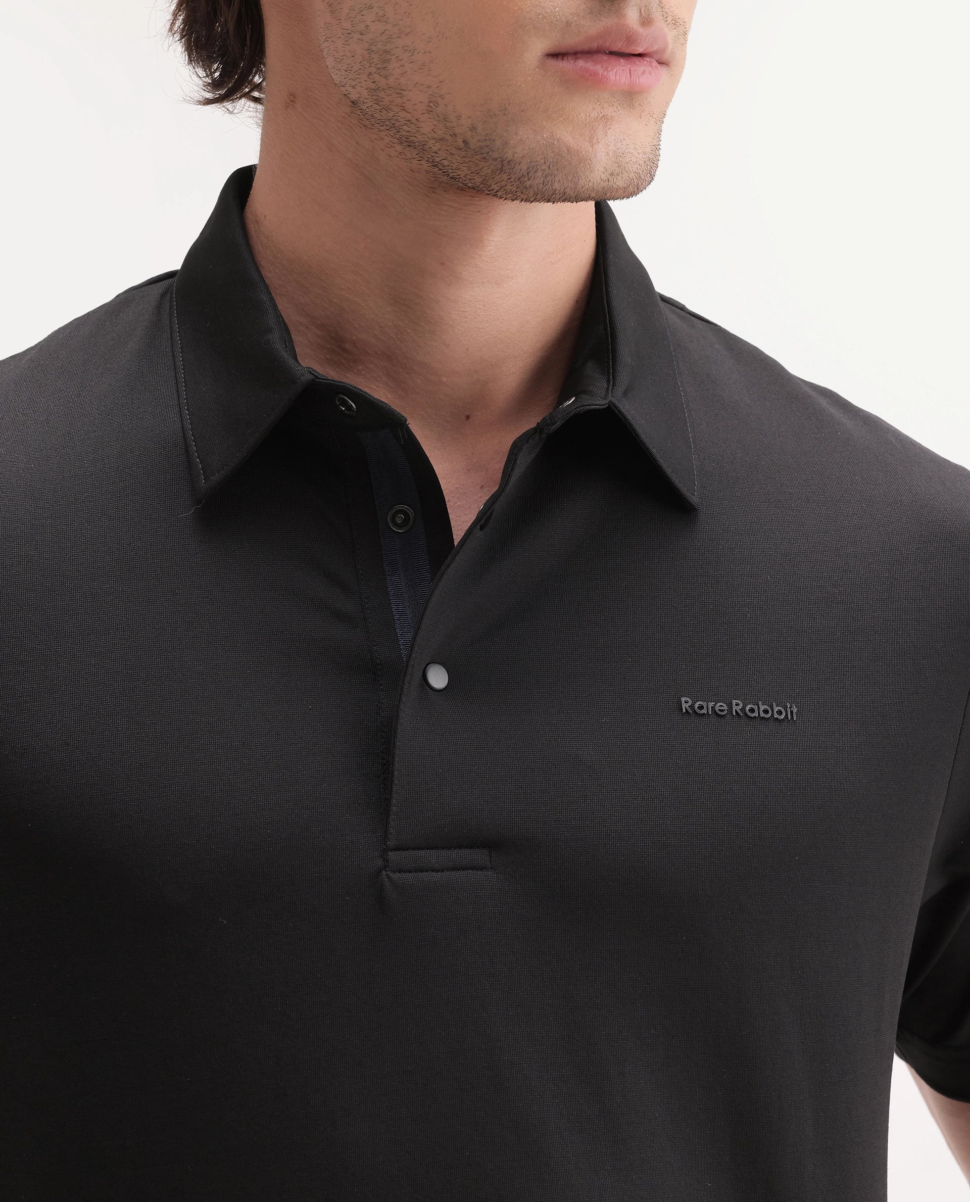 Rare Rabbit Men's Basic Rr-Corp-Mero Black Cotton Blend Spread Collar Regular Plain Polo