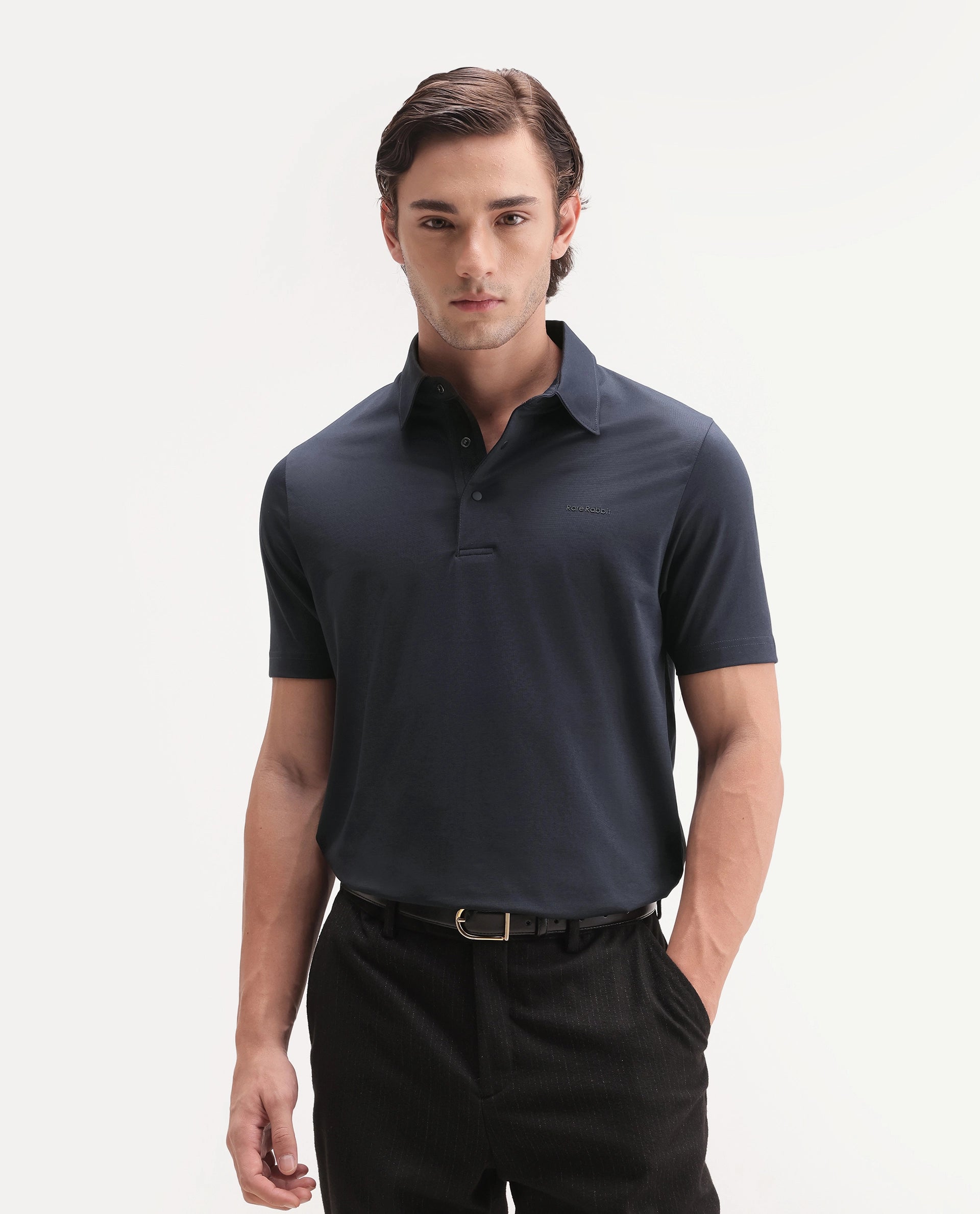 Rare Rabbit Men's Basic Rr-Corp-Mero Navy Cotton Blend Spread Collar Regular Plain Polo
