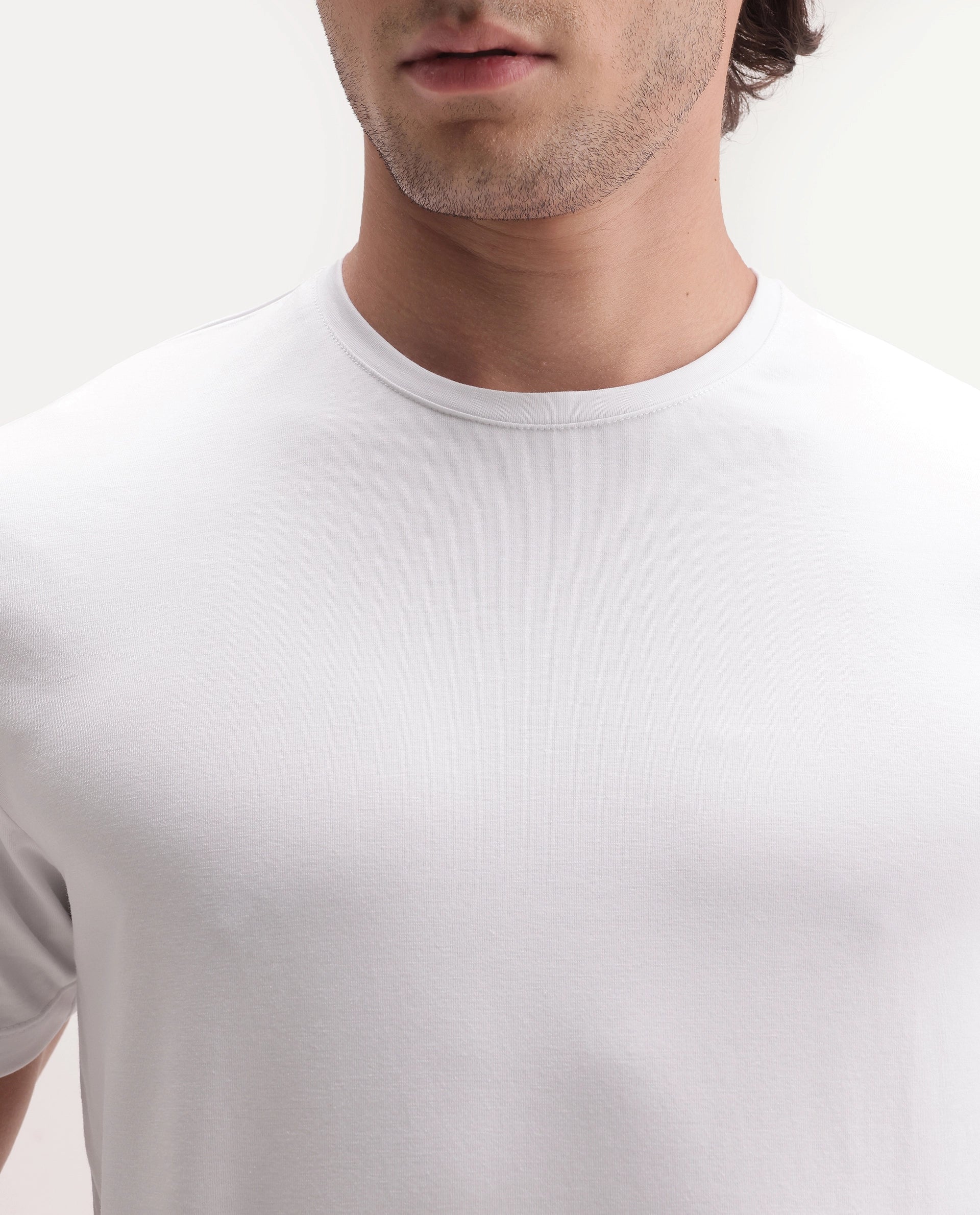 Rare Rabbit Men's Basic Rr-Corp-Rein White Cotton Blend Crew Neck Regular Plain T-Shirt