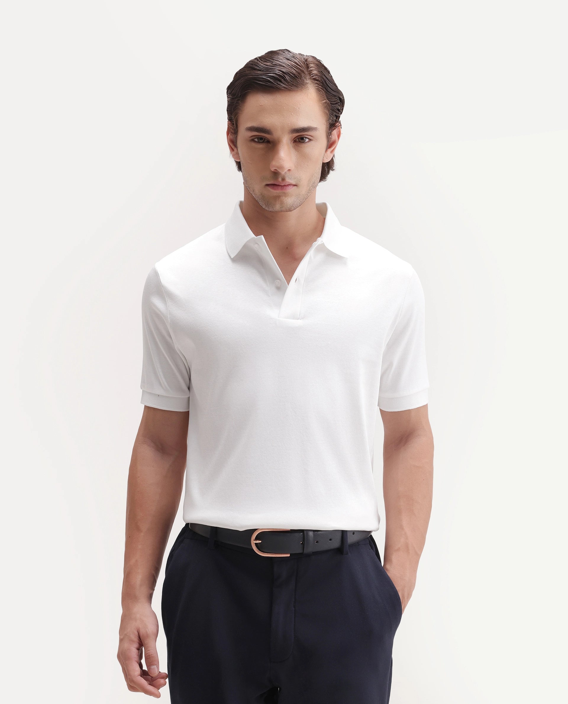 Rare Rabbit Men's Basic Rr-Corp-Tove White Cotton Spread Collar Regular Plain Polo