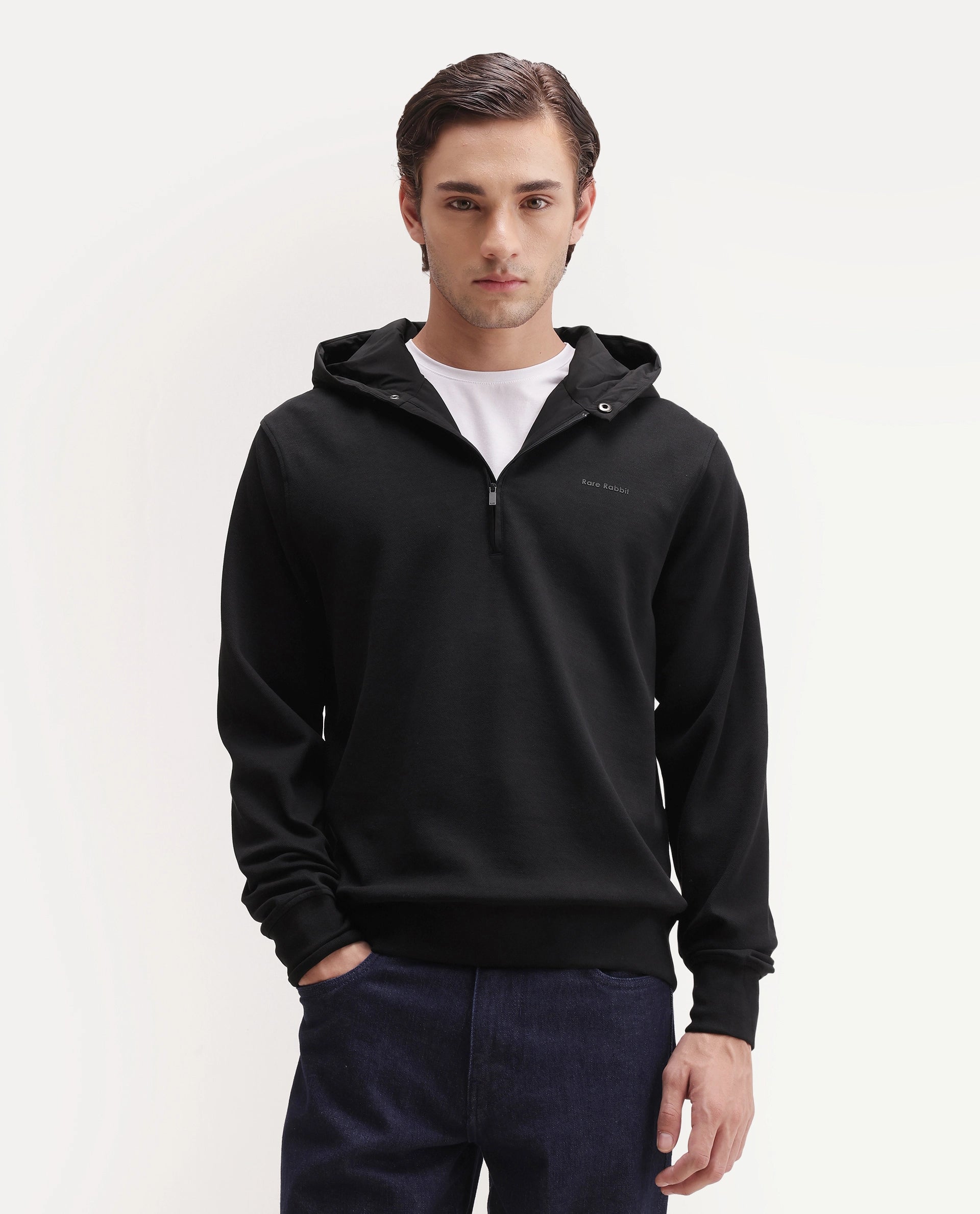 Rare Rabbit Men's Basic Rr-Corp-Duro Black Cotton Blend Regular Plain Sweatshirt