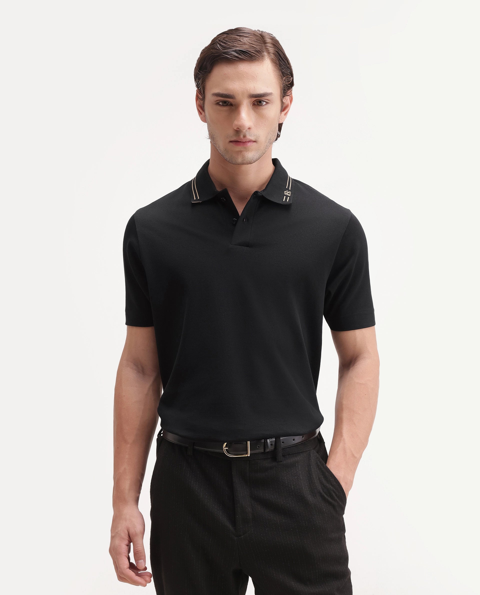 Rare Rabbit Men's Basic Rr-Corp-Gold Black Cotton Spread Collar Regular Plain Polo