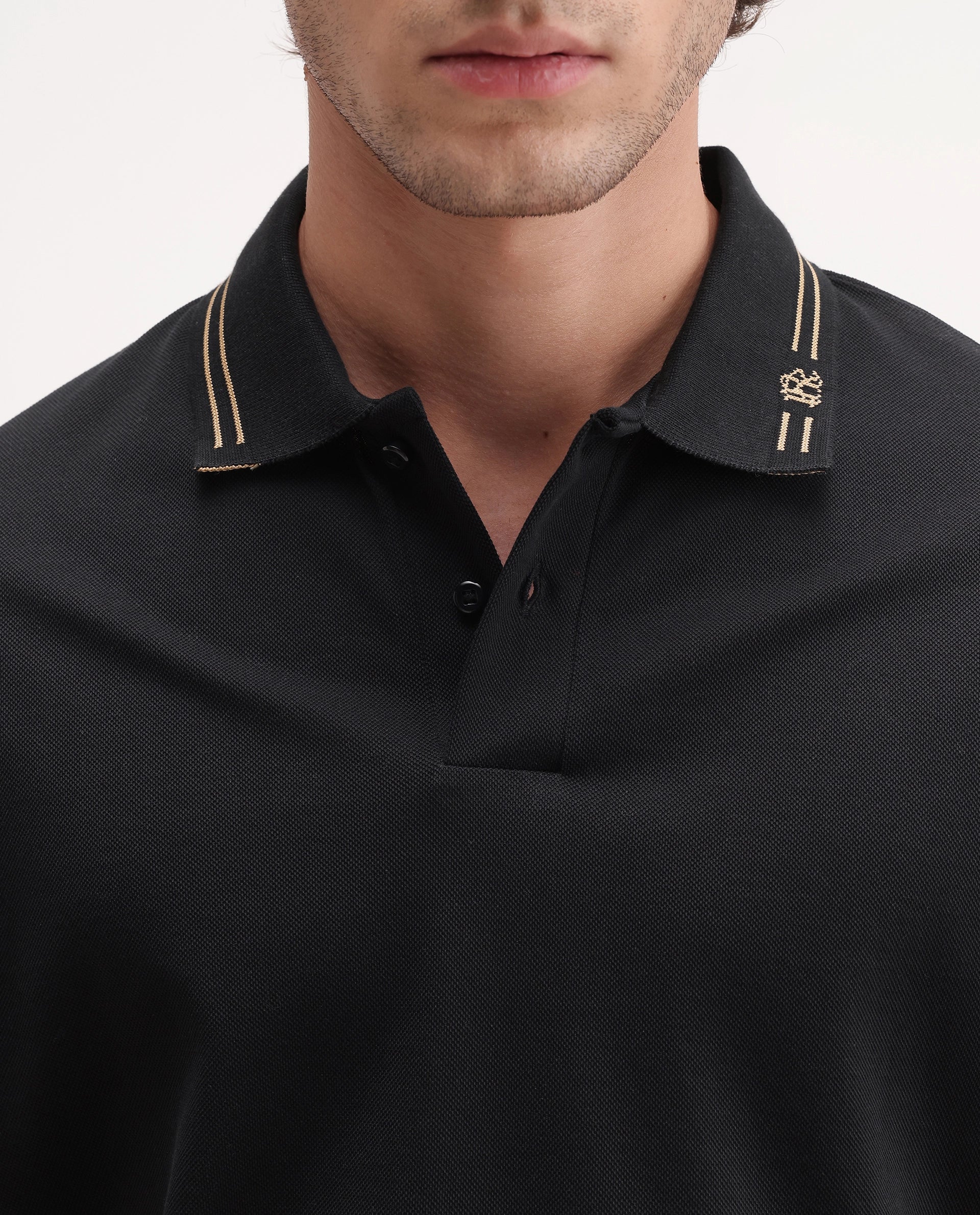 Rare Rabbit Men's Basic Rr-Corp-Gold Black Cotton Spread Collar Regular Plain Polo
