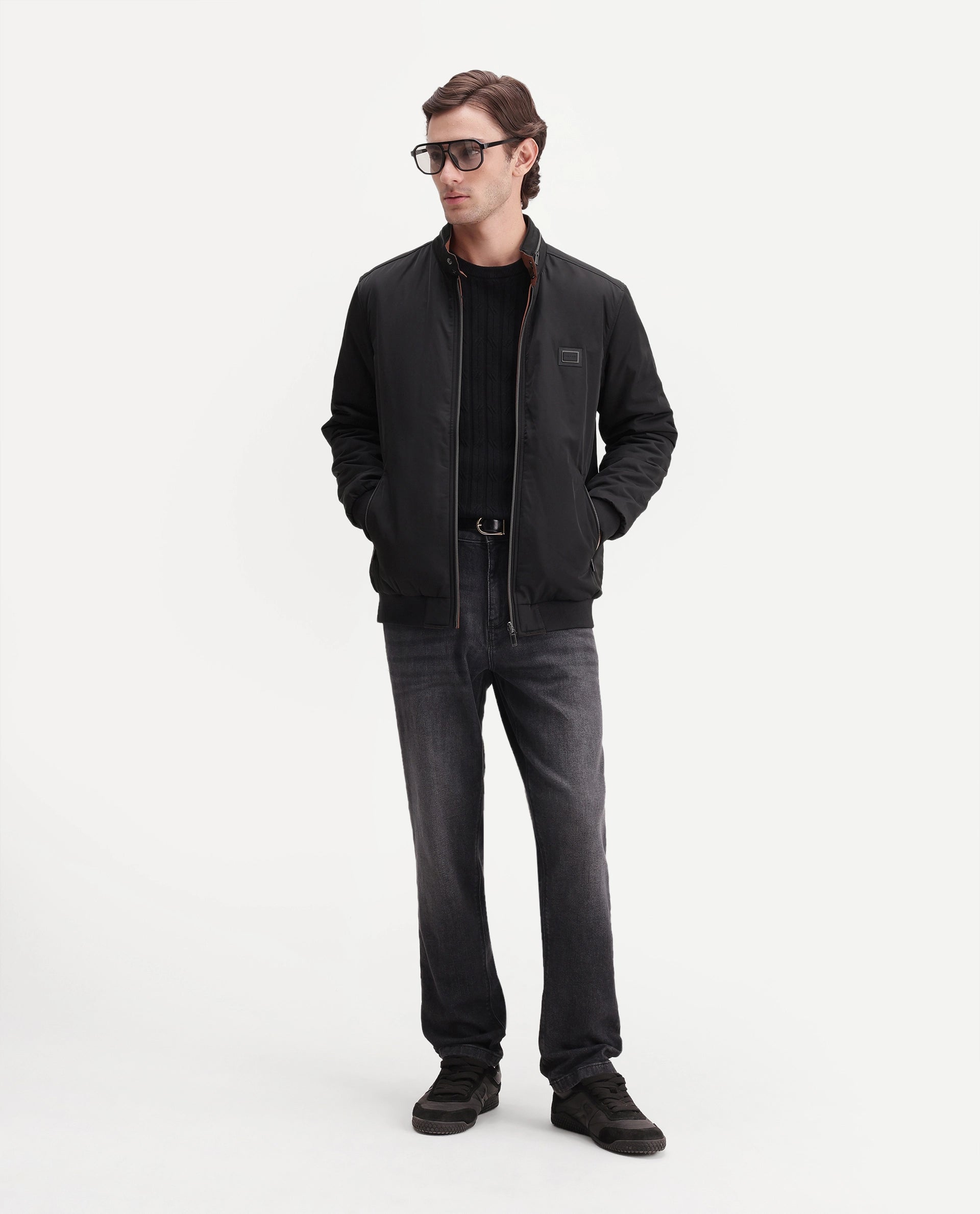 Rare Rabbit Men's Royban-26 Primary Black Polyester High Neck Regular Plain Jacket