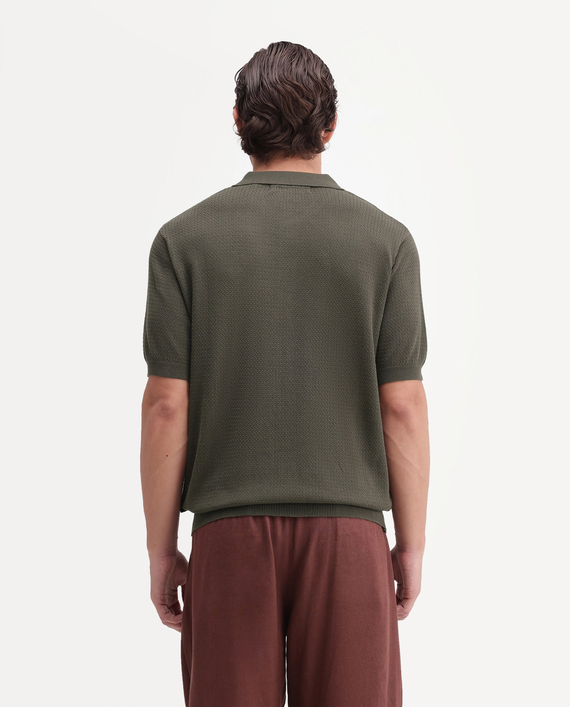 Rare Rabbit Men's Tine Dark Olive Cotton Spread Collar Regular Plain Polo