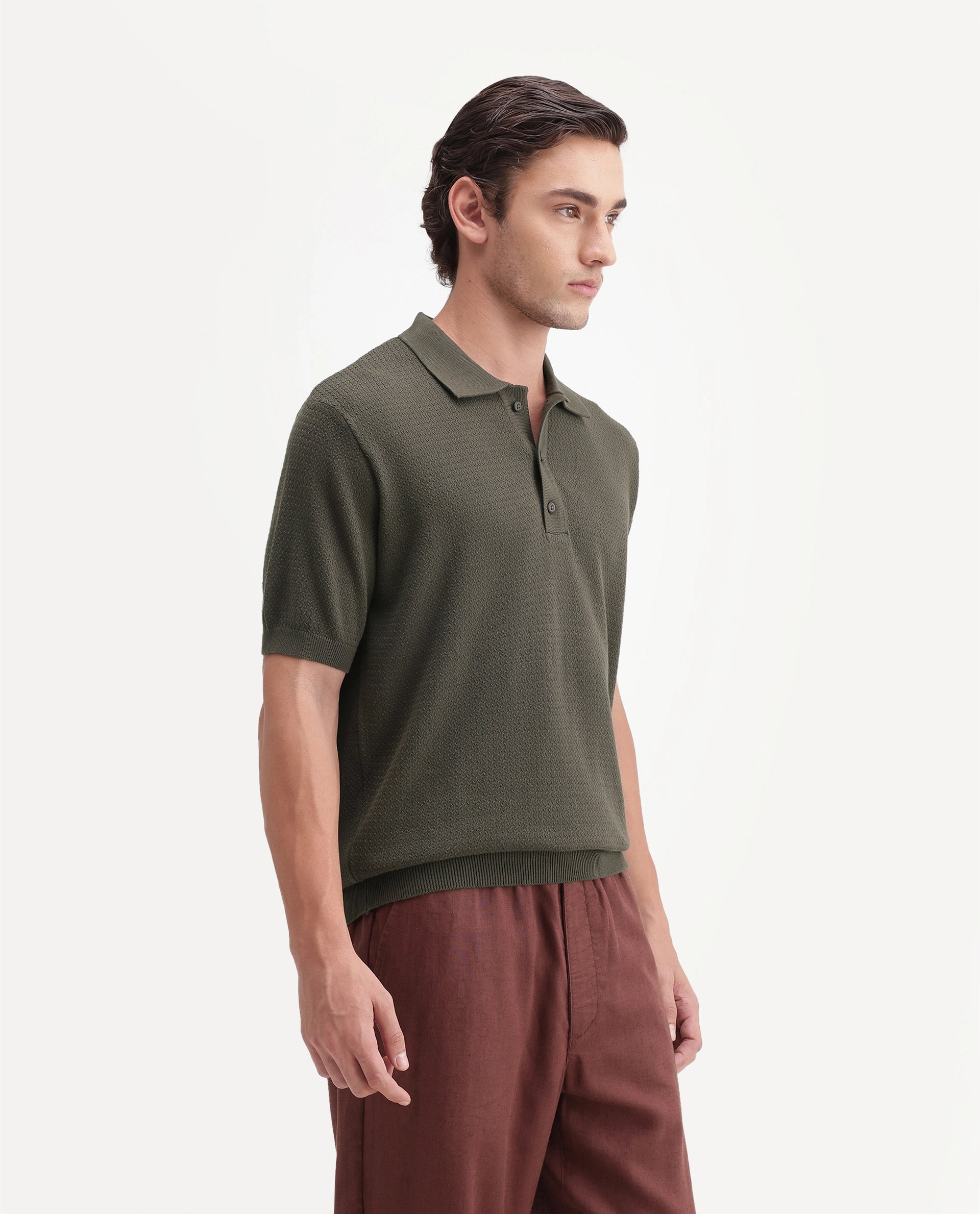 Rare Rabbit Men's Tine Dark Olive Cotton Spread Collar Regular Plain Polo