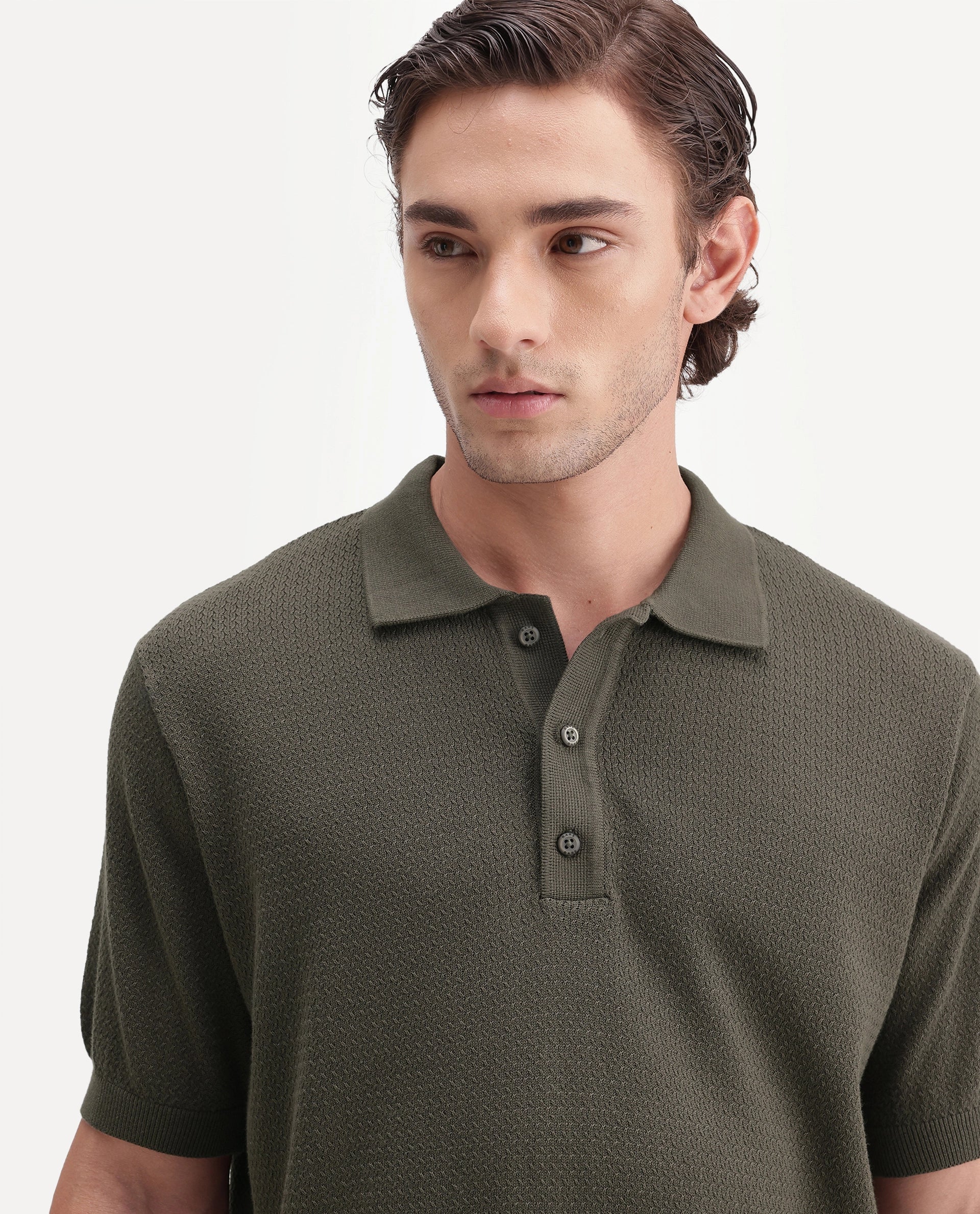 Rare Rabbit Men's Tine Dark Olive Cotton Spread Collar Regular Plain Polo