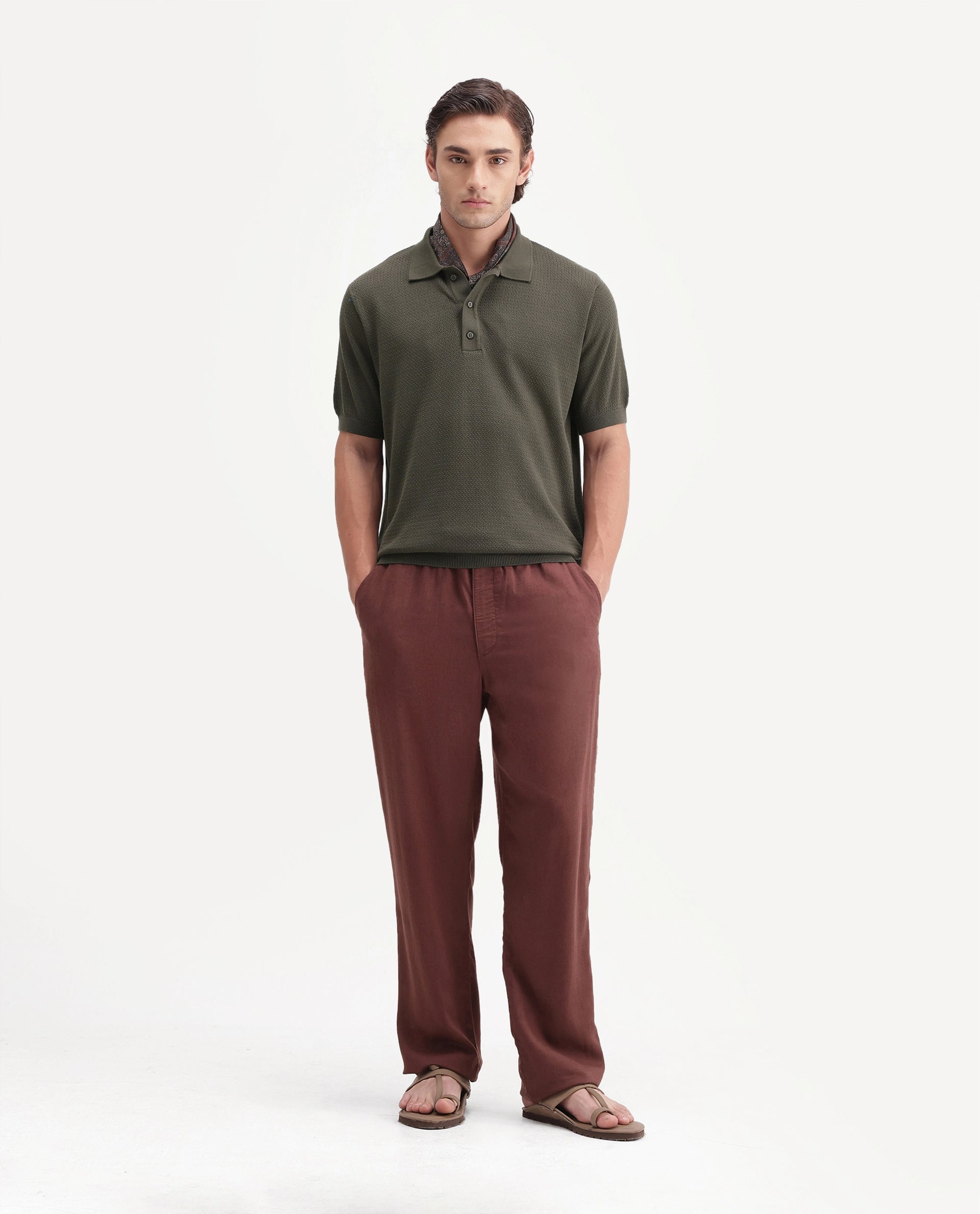Rare Rabbit Men's Tine Dark Olive Cotton Spread Collar Regular Plain Polo