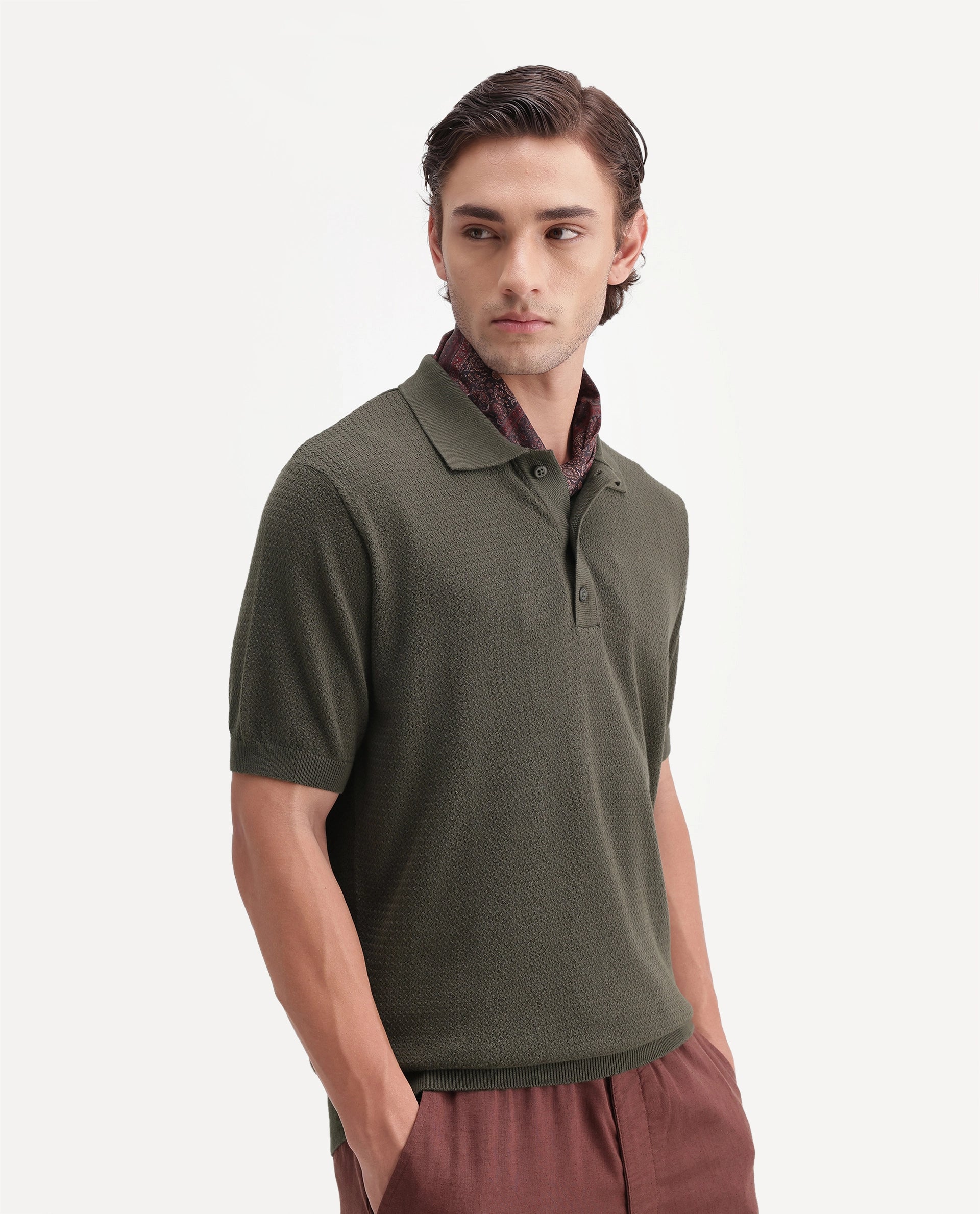 Rare Rabbit Men's Tine Dark Olive Cotton Spread Collar Regular Plain Polo