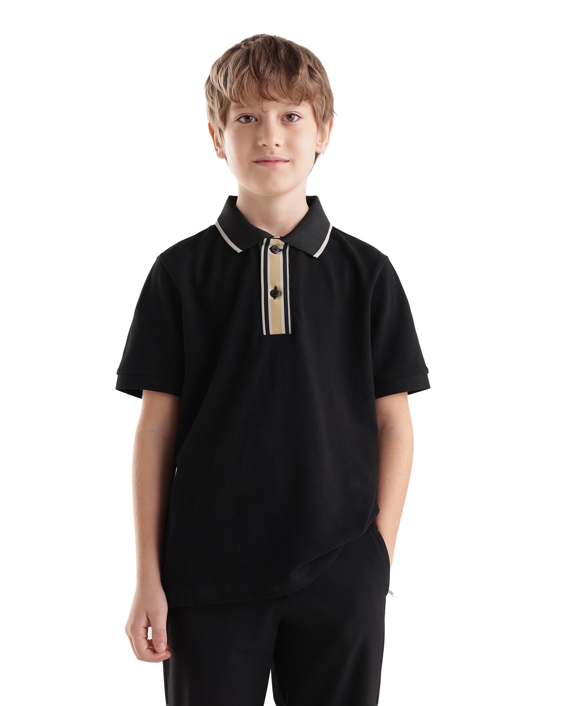 Rare Ones Kids Bold Black Cotton Fabric Button Closure Regular Fit Polo