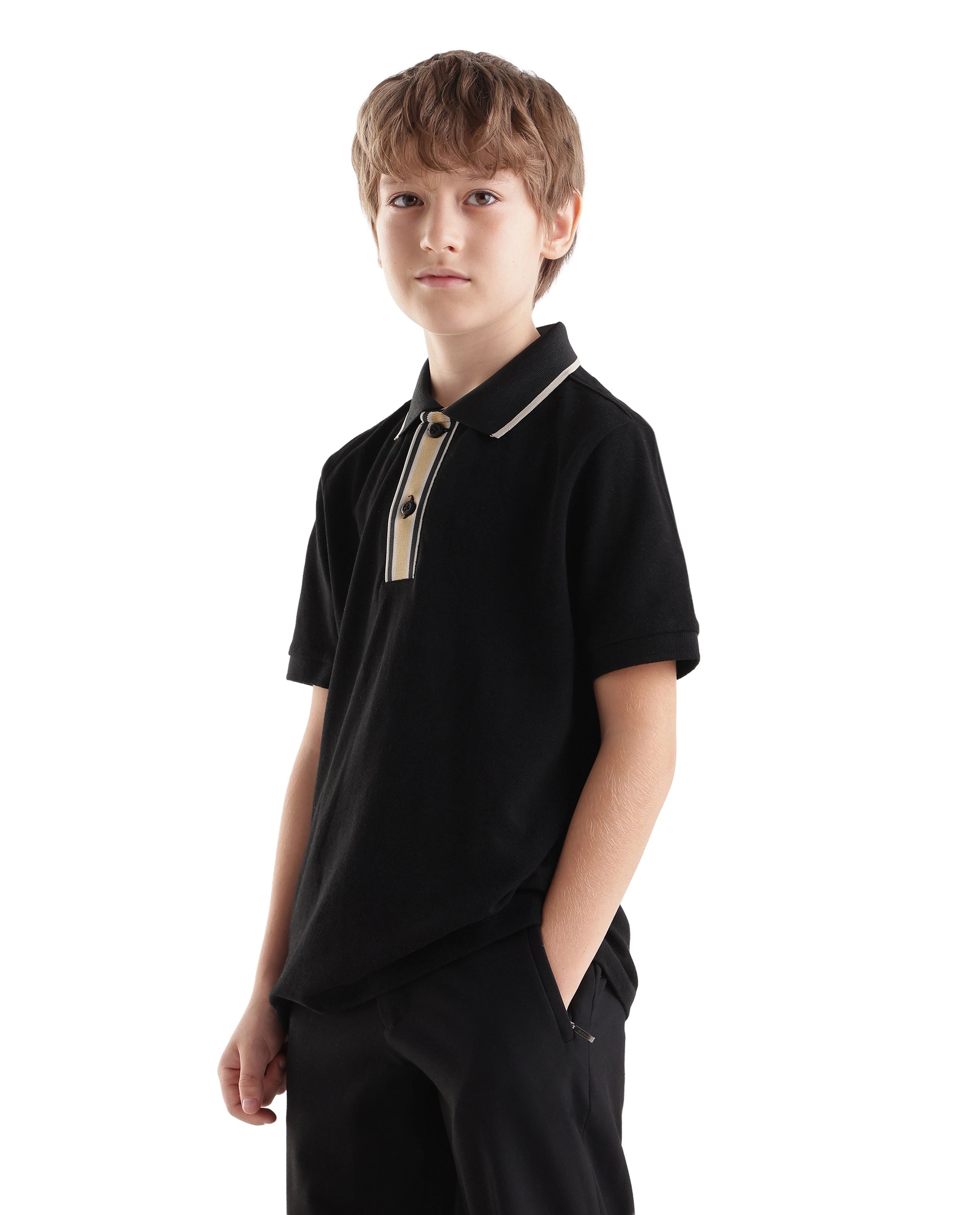 Rare Ones Kids Bold Black Cotton Fabric Button Closure Regular Fit Polo