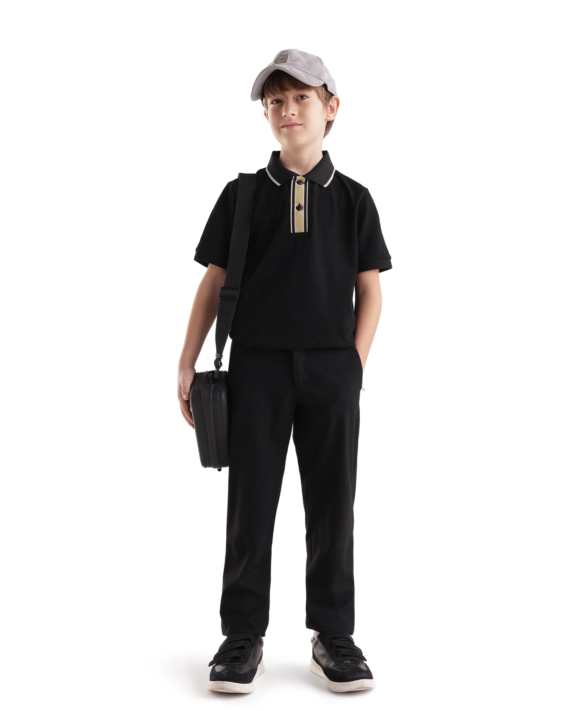 Rare Ones Kids Bold Black Cotton Fabric Button Closure Regular Fit Polo