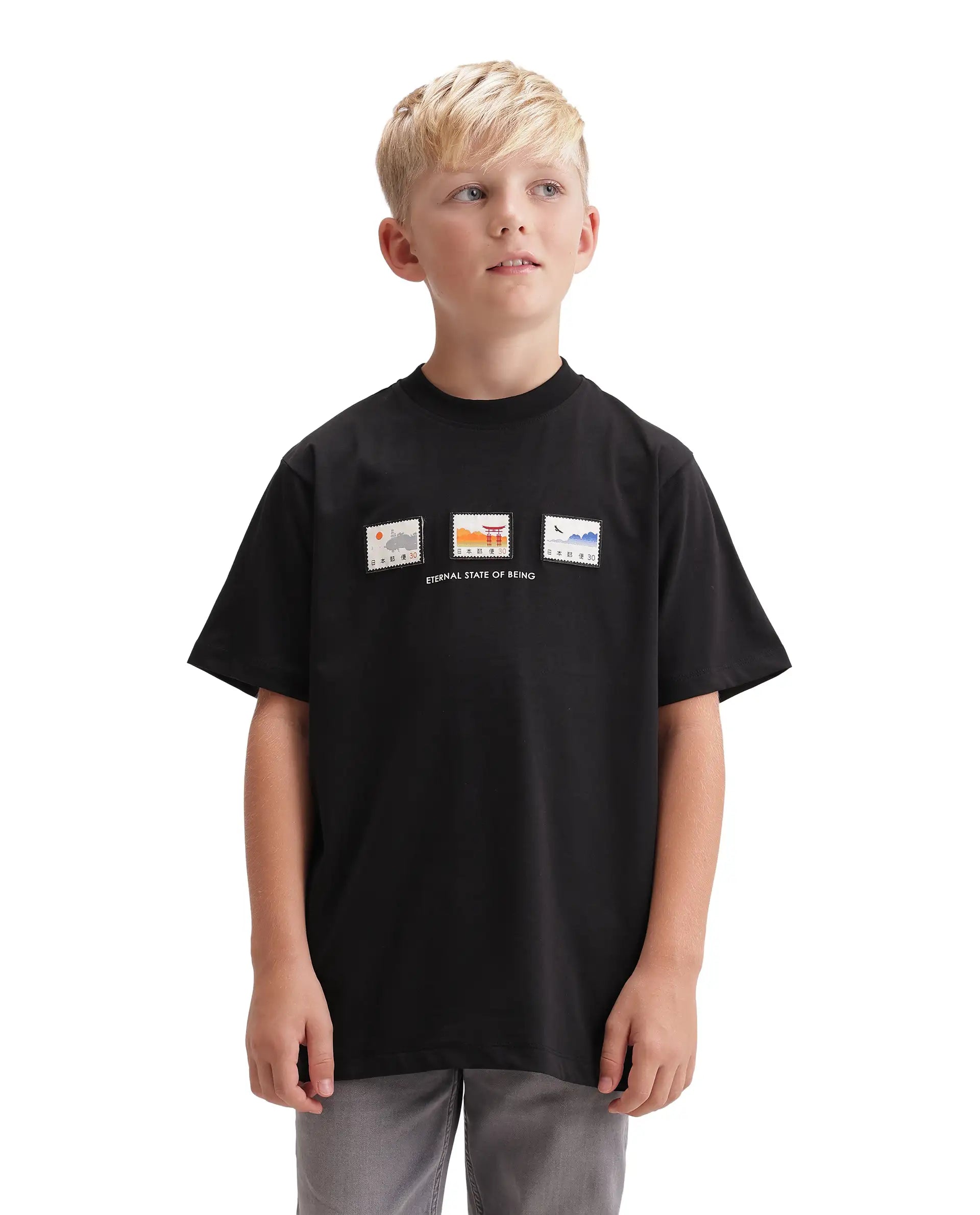 Rare Ones Kids Vob-K Black Cotton Blend Fabric Pull-On Closure Regular Fit T-Shirt