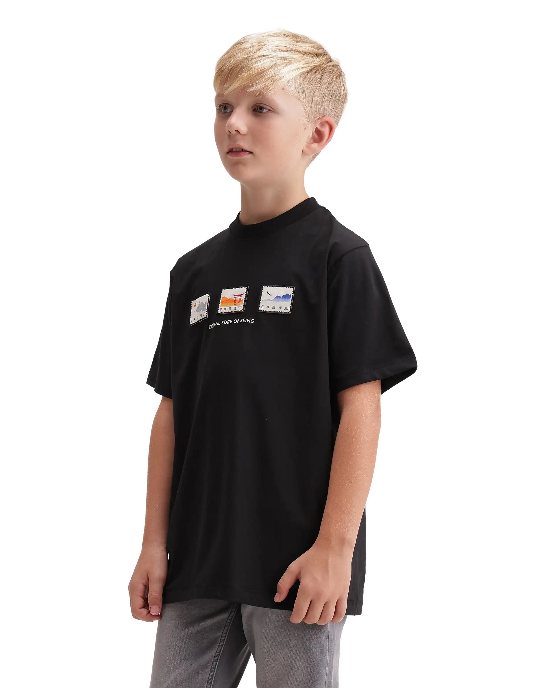 Rare Ones Kids Vob-K Black Cotton Blend Fabric Pull-On Closure Regular Fit T-Shirt